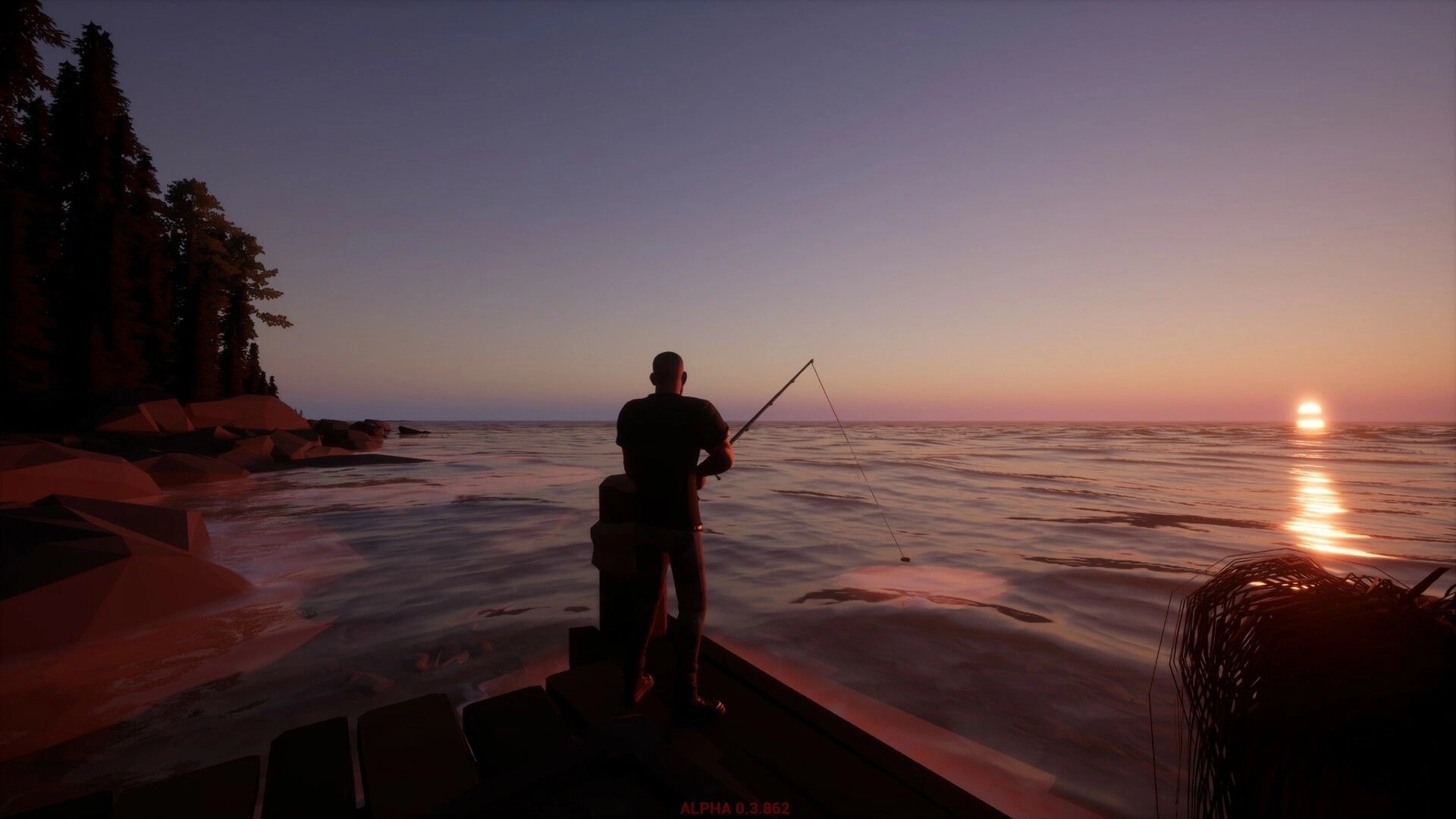 Ardem: Character fishing at sunset on a dock with forested shoreline and calm ocean waves in view.
