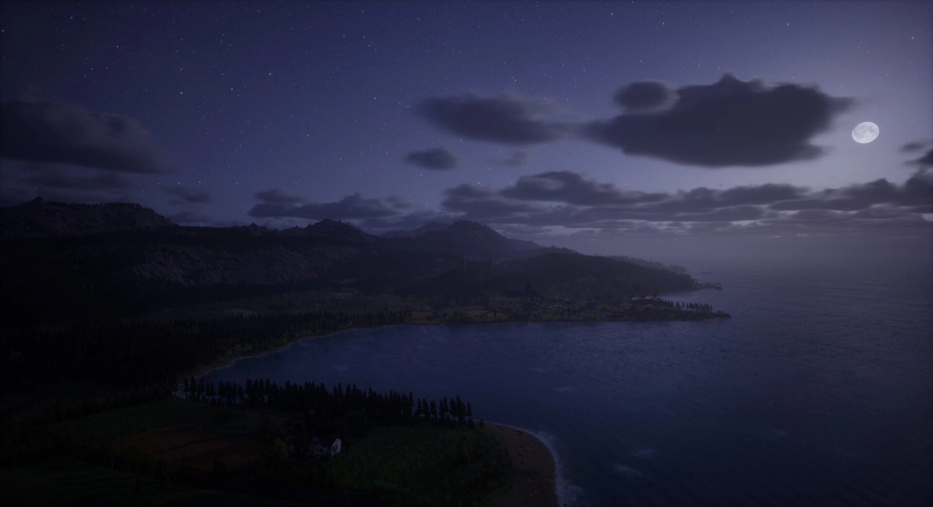 Ardem: Moonlit coastal landscape with mountains and clouds under a starry night sky