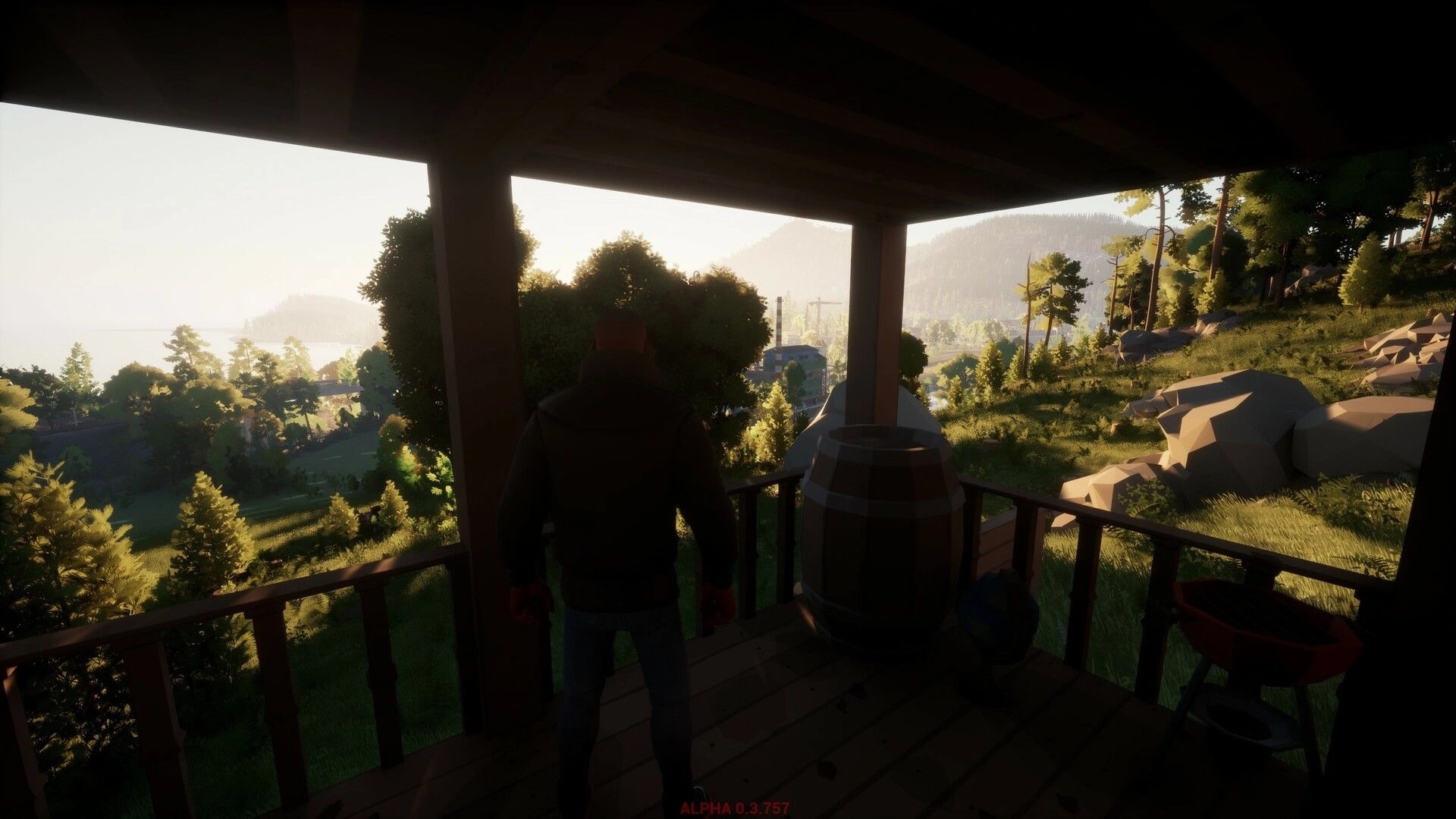 Ardem: Player stands on porch overlooking lush valley with trees, mountains, and distant buildings.