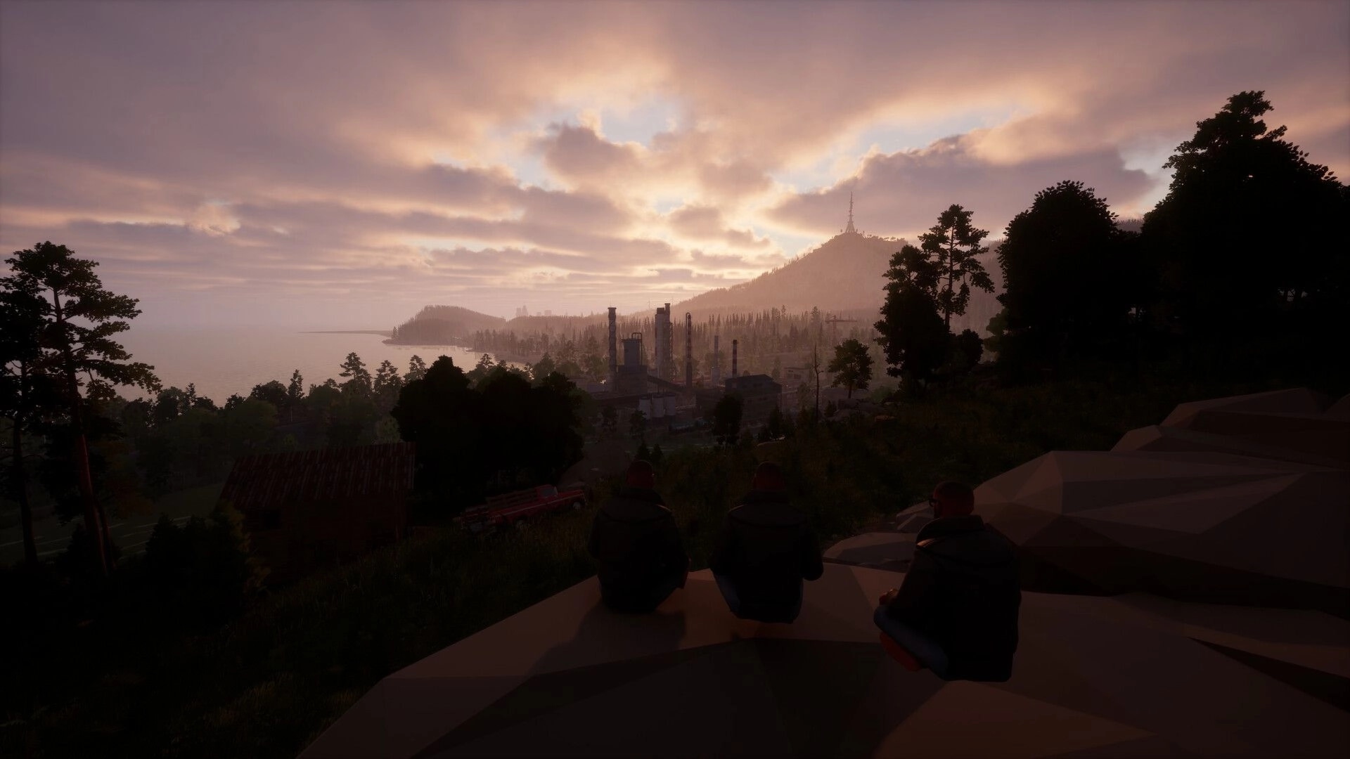 Ardem: Three characters overlook an industrial cityscape at sunset from a hillside viewpoint