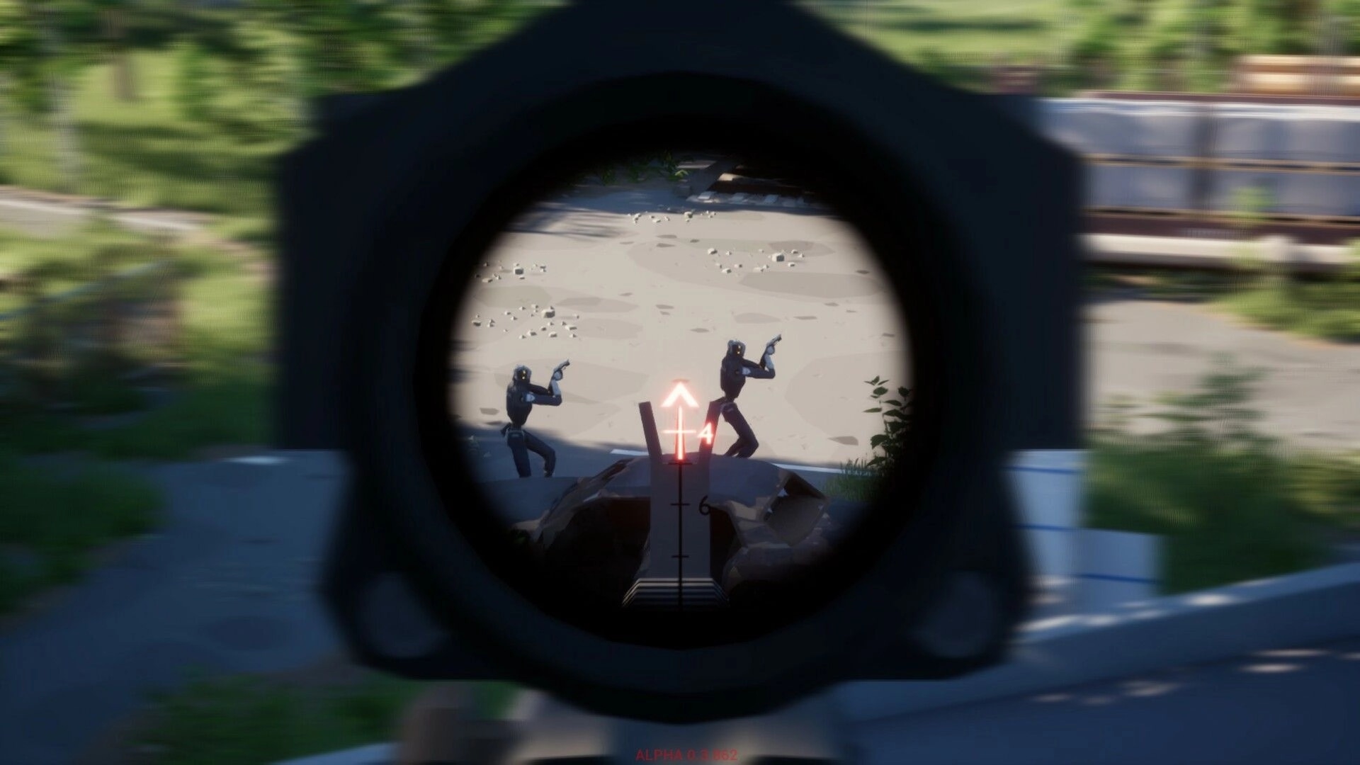 Ardem: Sniper scope view targeting two armed figures in a forested area