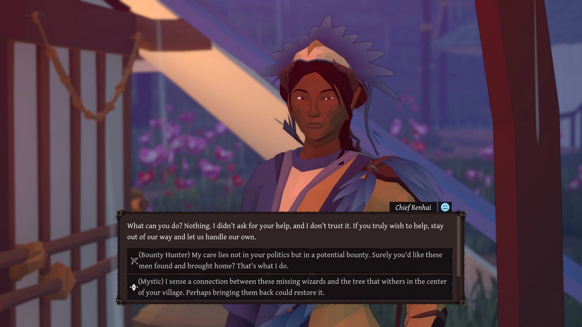 Ardenfall: Dialogue with Chief Renhai in village setting, featuring multiple choice conversation options.