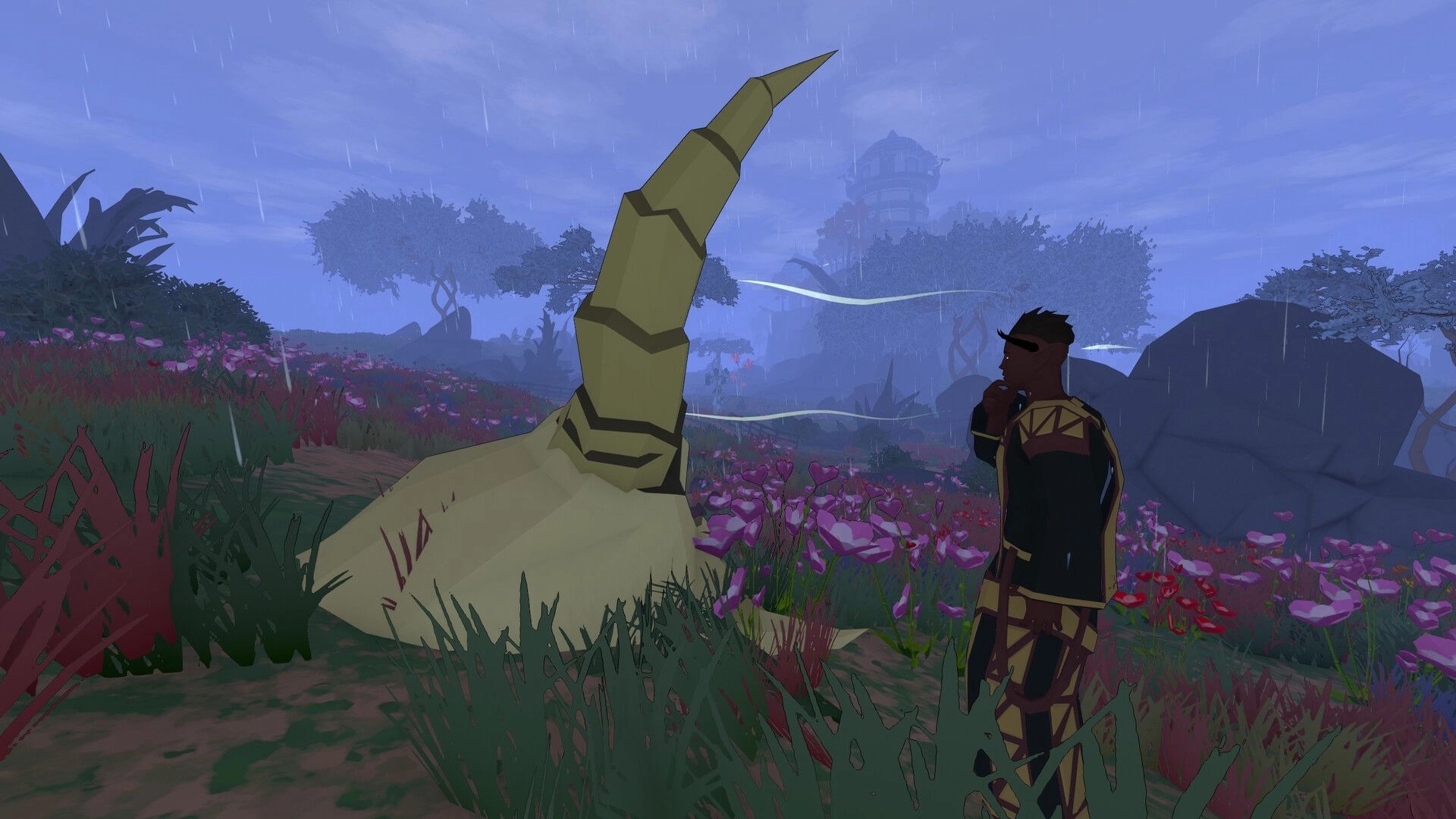 Ardenfall: Character stands pondering in rain-drenched wetland beside a giant mysterious horn structure.