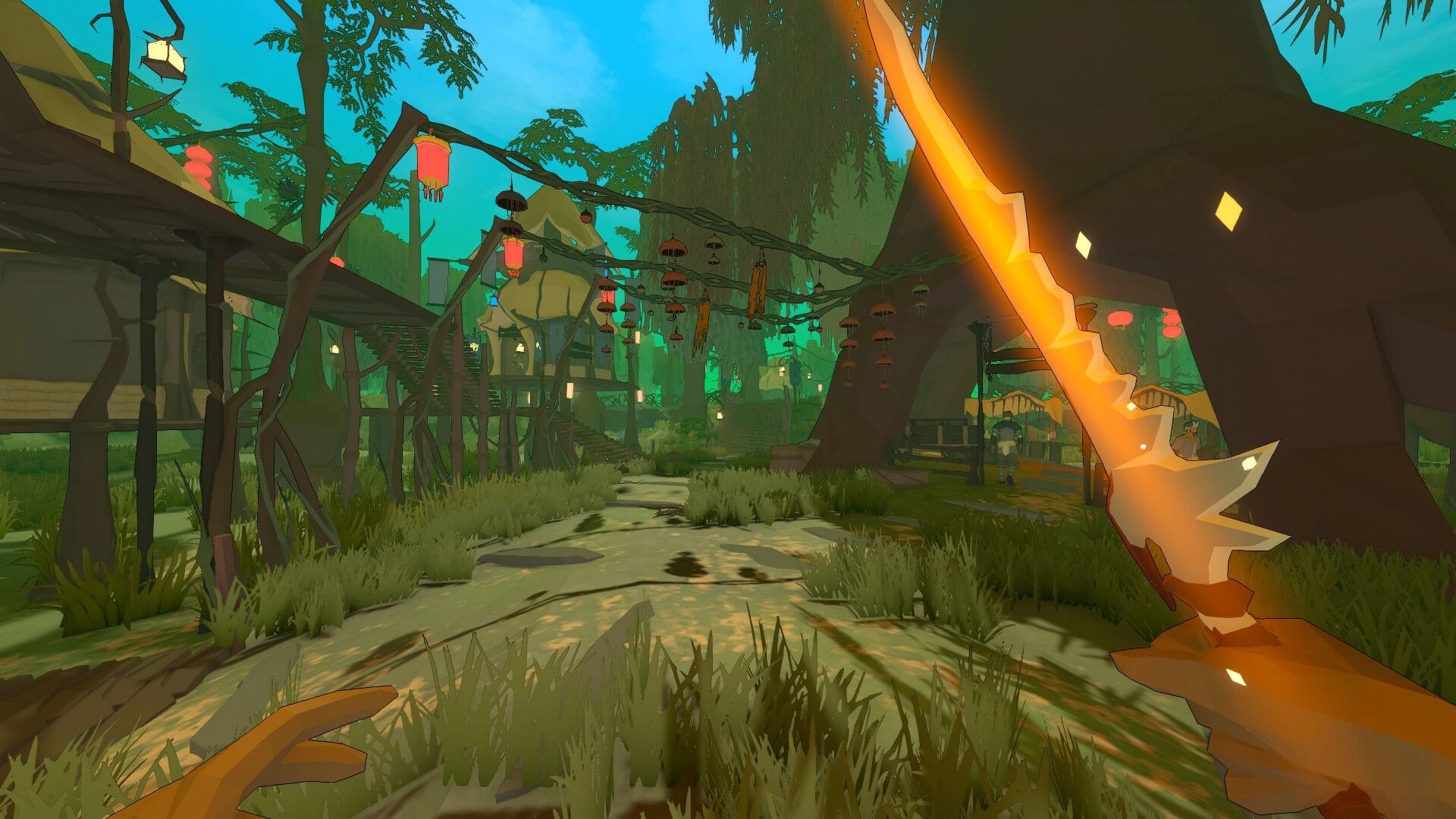 Ardenfall: Player holds glowing sword in a vibrant village with lanterns and wooden structures in wetlands.
