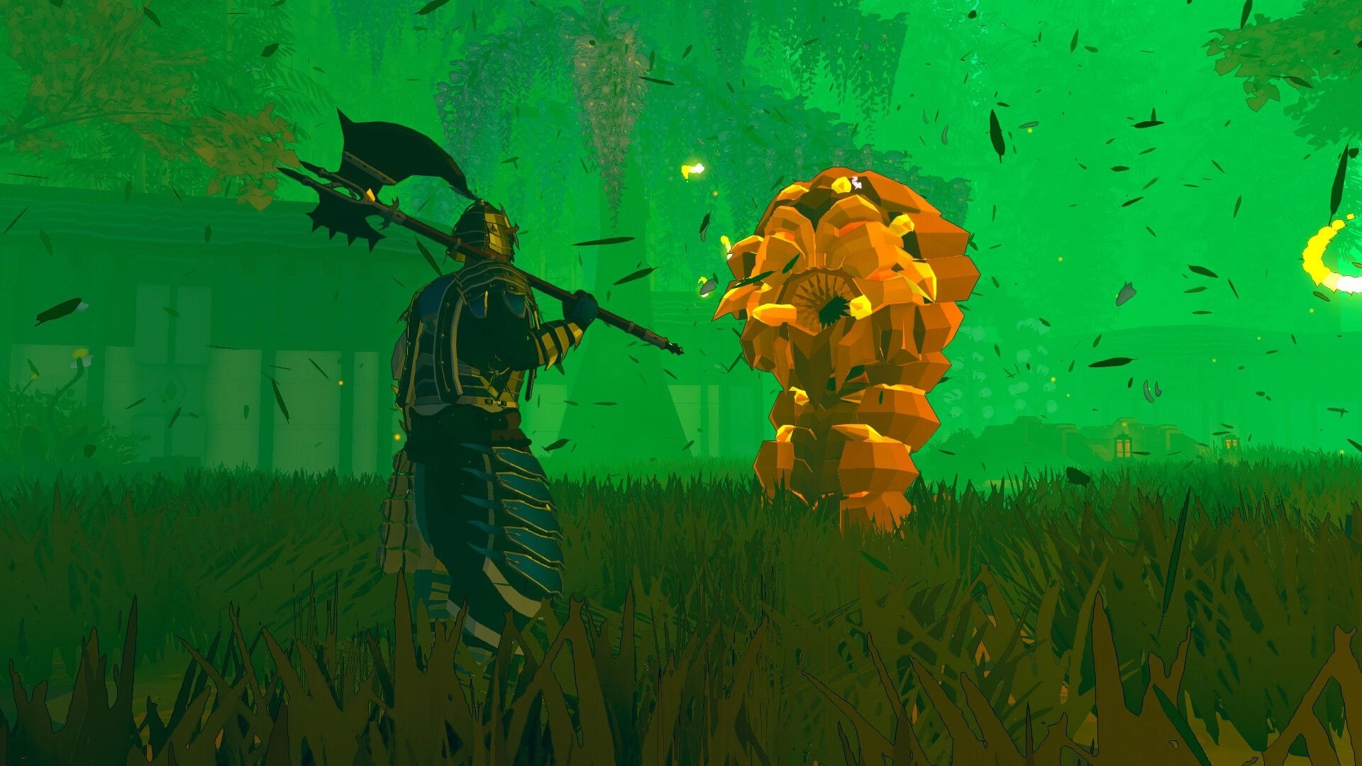 Ardenfall: Warrior in armor battles giant orange creature in lush, green forest clearing.