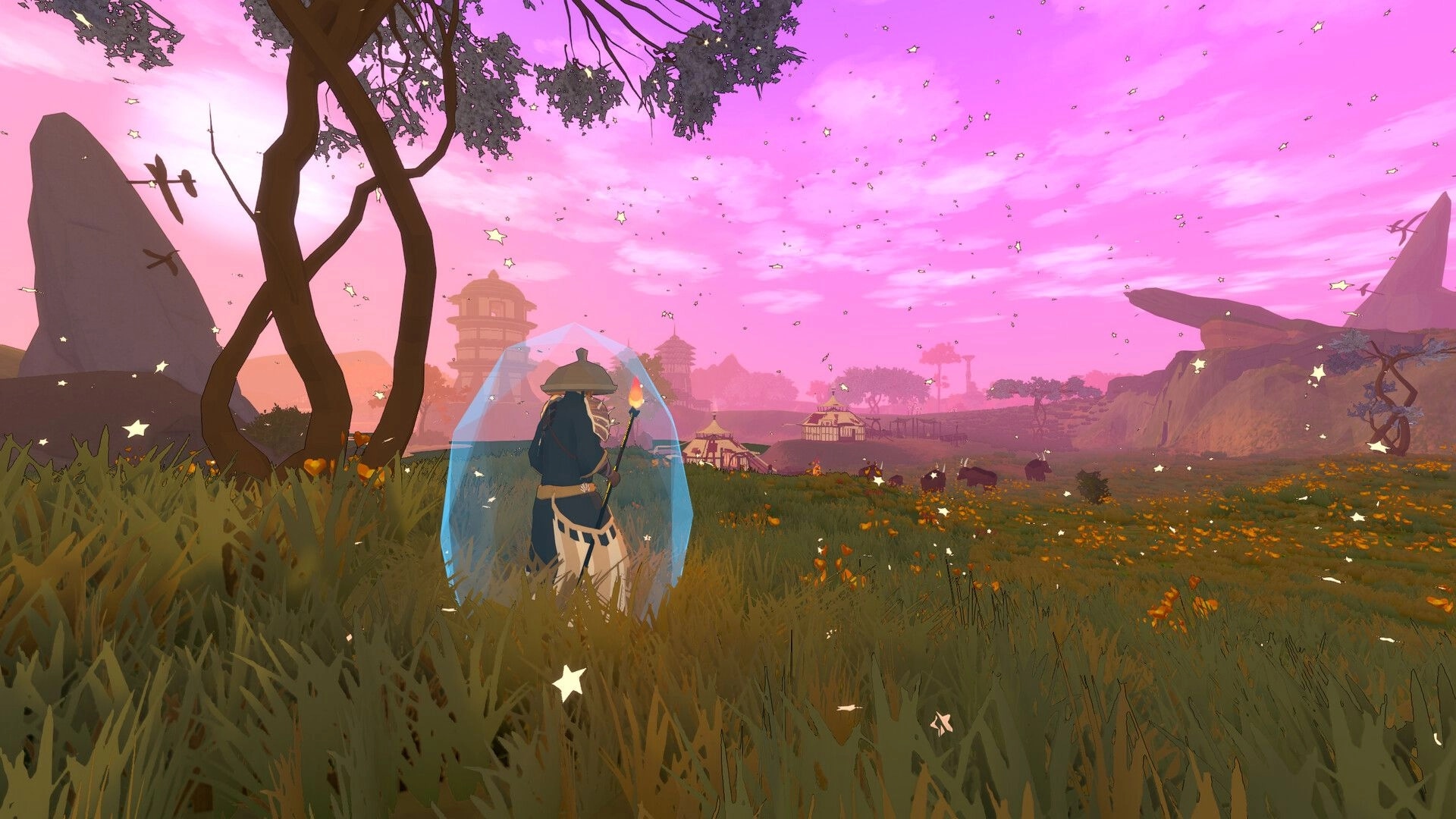 Ardenfall: Character with staff in magical shield on vibrant plains at sunset with distant village