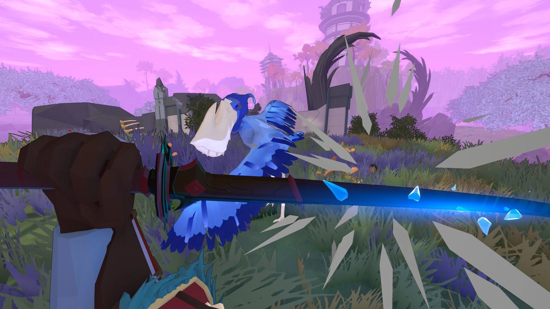 Ardenfall: Player battles a blue bird with a glowing sword in a vibrant, purple-tinted landscape.