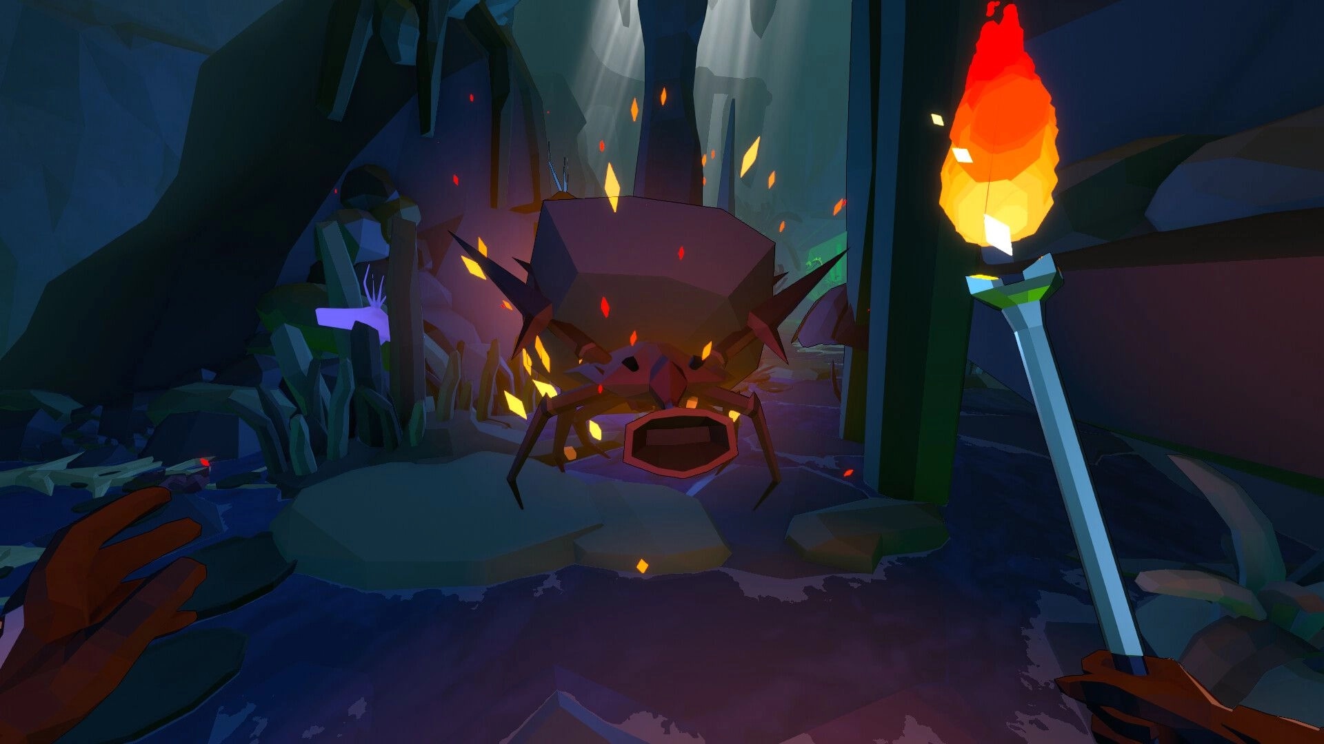 Ardenfall: Player holding torch confronting large crab creature in a dark, cave-like environment
