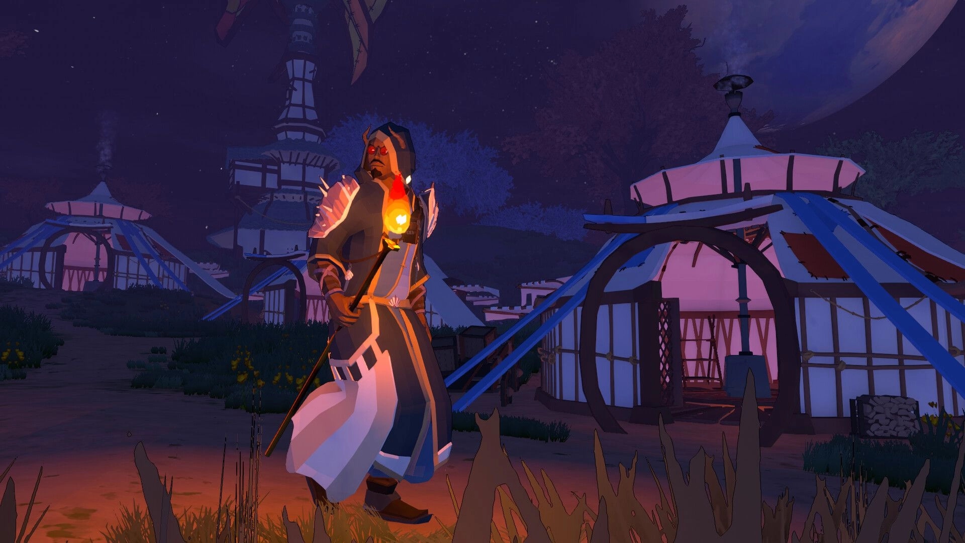 Ardenfall: Mage with glowing staff explores tent village under moonlit sky