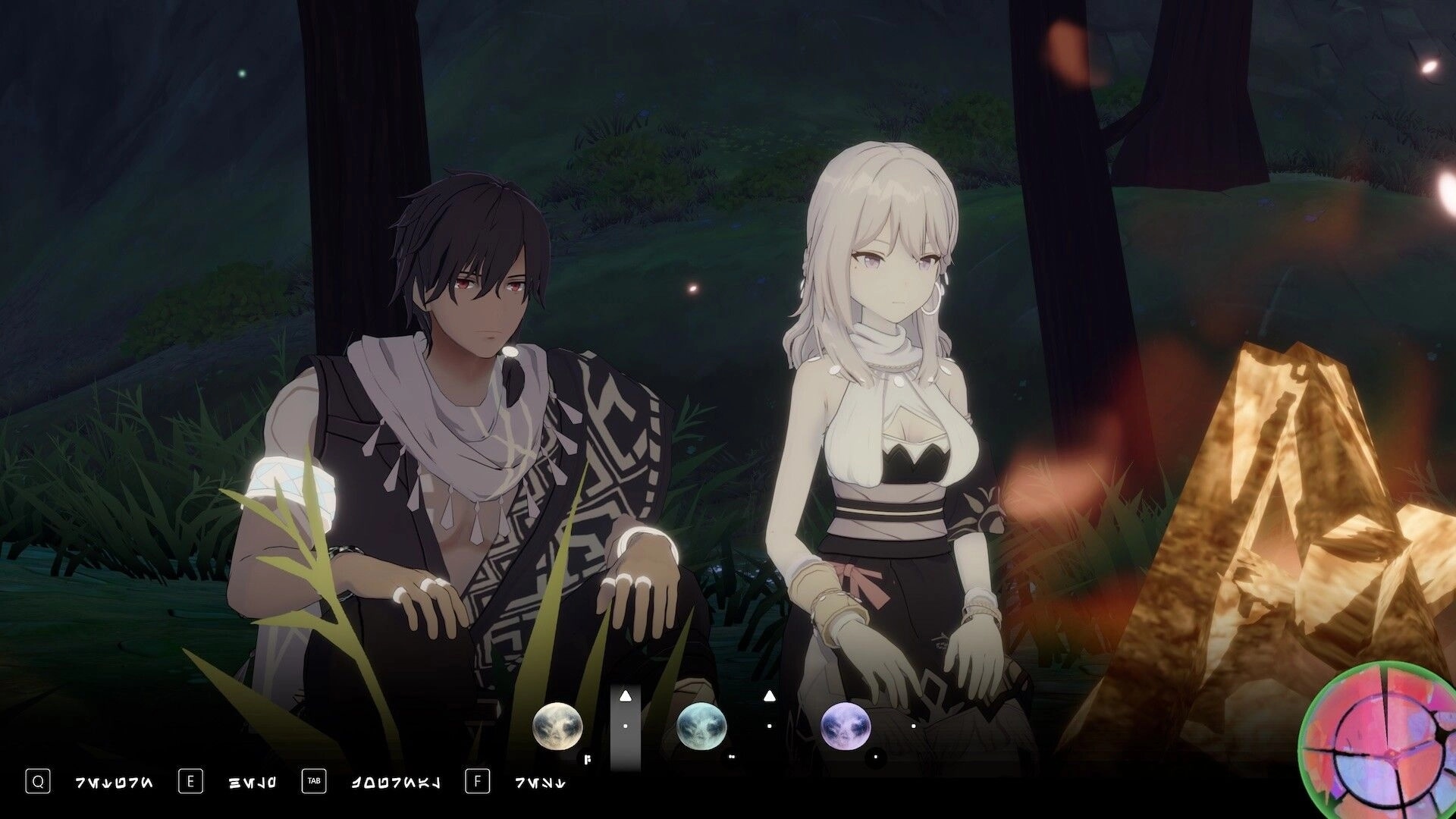 ARIE: Two characters sit by a campfire in a forest, with a moon phase menu at the bottom of the screen.