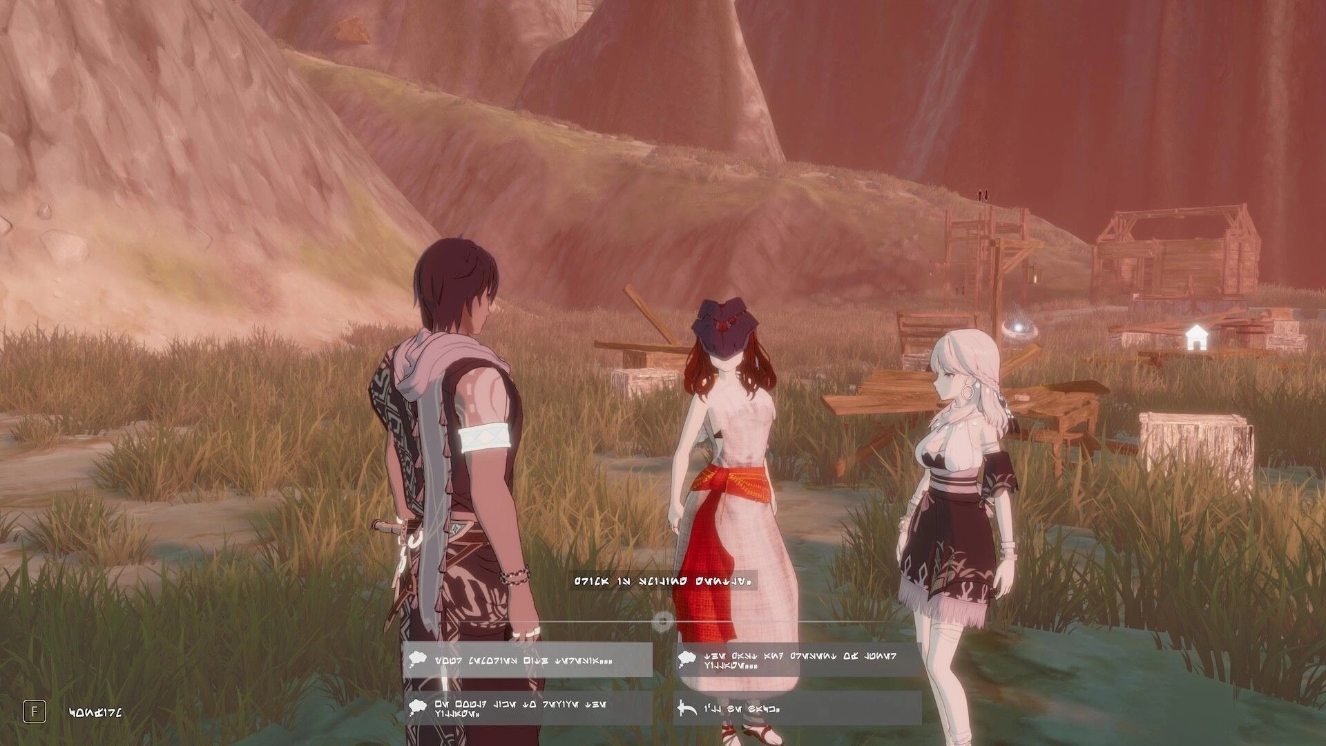 ARIE: Three characters converse in a grassy field with UI dialogue options in a rustic village setting.