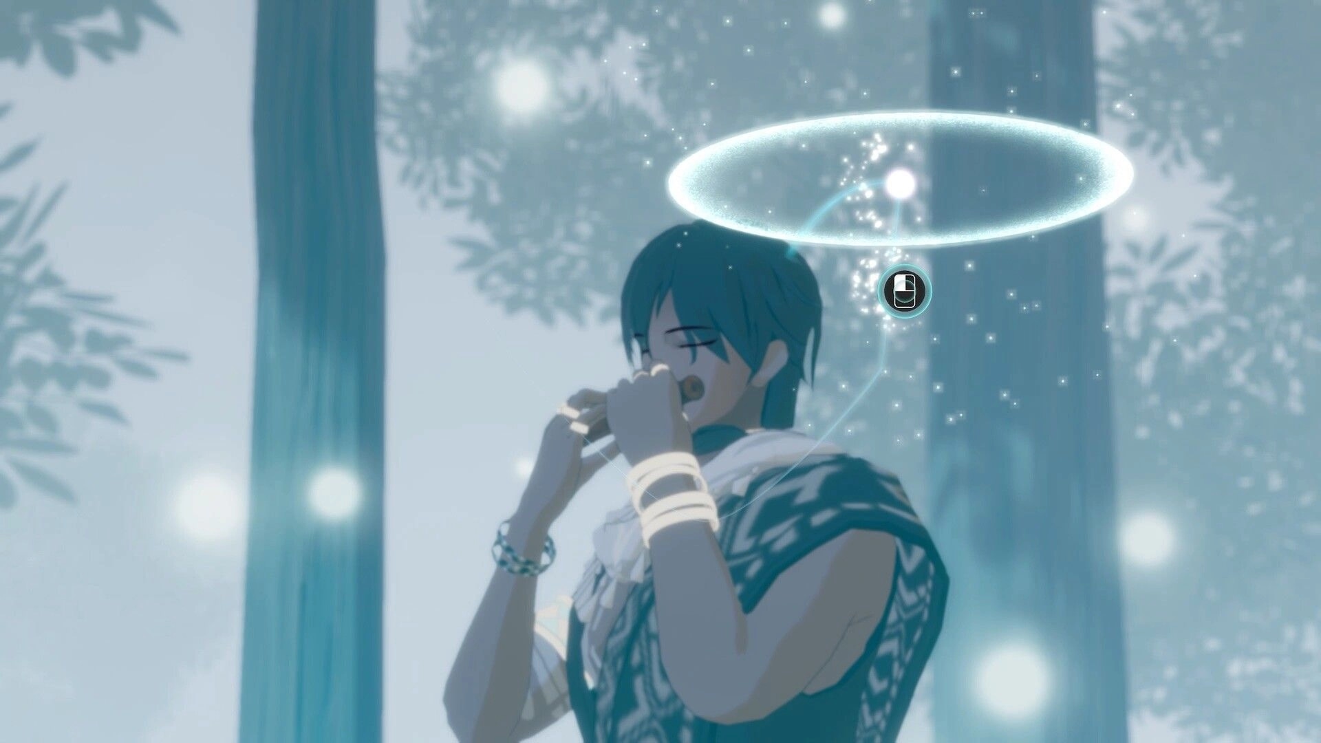 ARIE: Character plays a flute surrounded by glowing orbs and trees in a mystical forest environment.