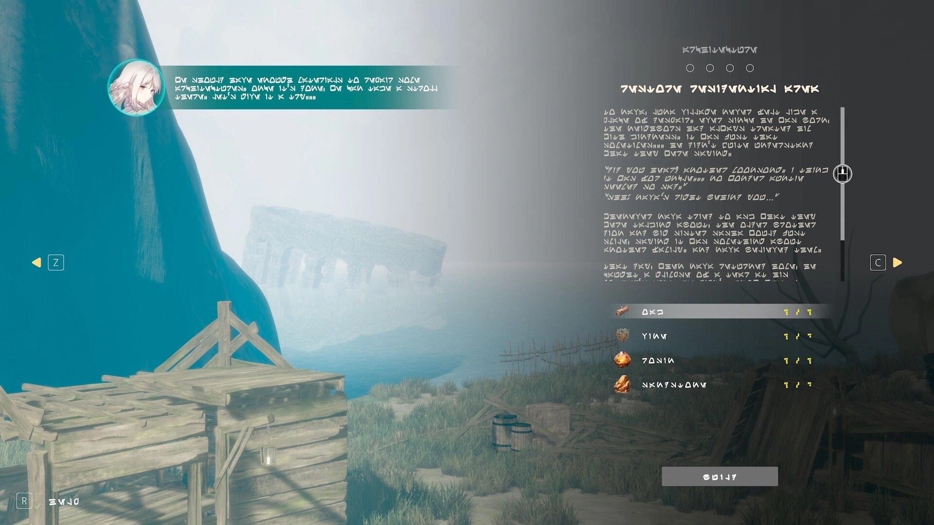 ARIE: Dialogue with character portrait and text overlay, wooden dock by foggy sea in apocalyptic world