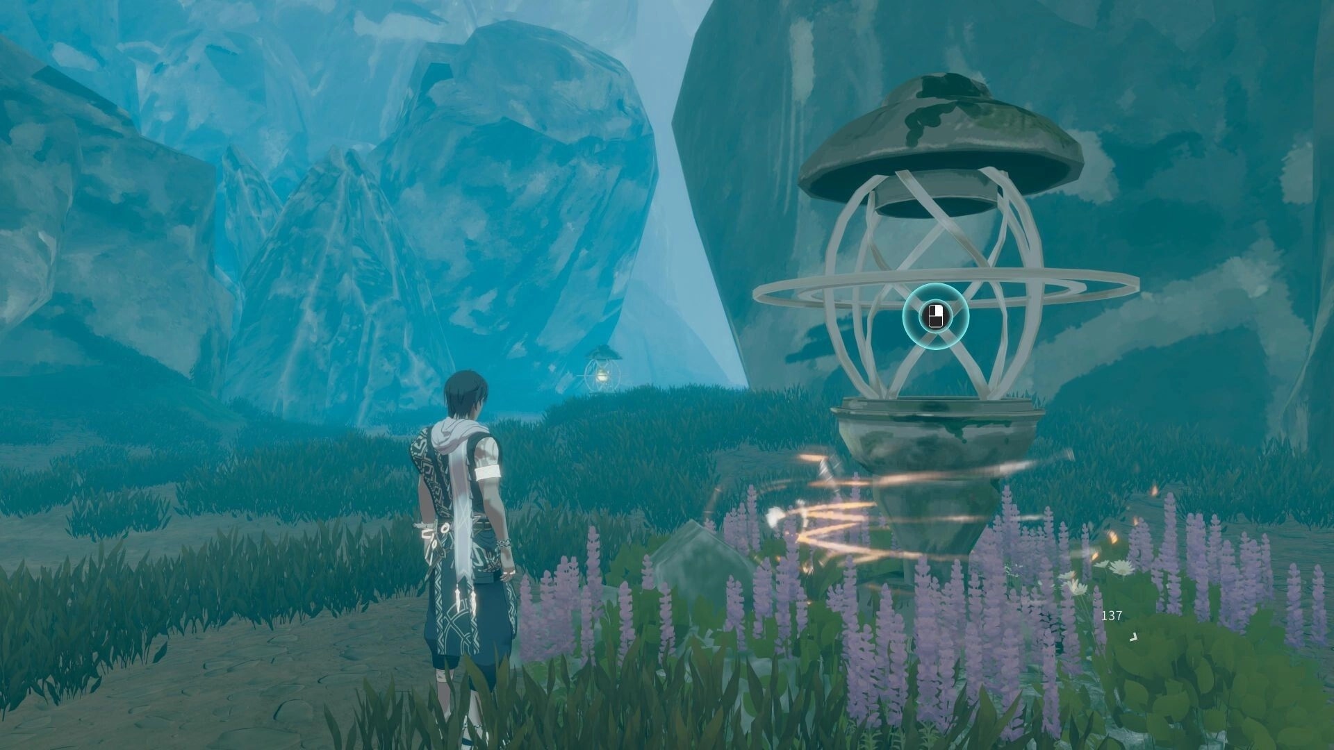 ARIE: Character near mystical device in lush, mountainous landscape with glowing symbols floating around