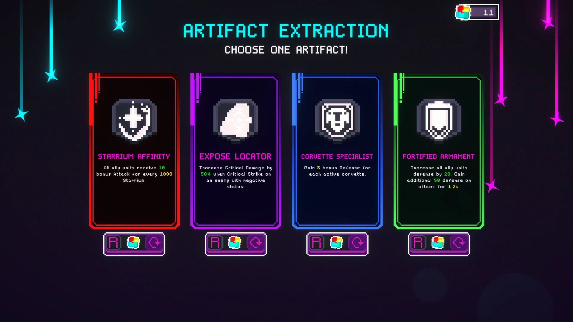 Ark Odyssey: Artifact selection screen with four options, including Starruim Affinity and Expose Locator
