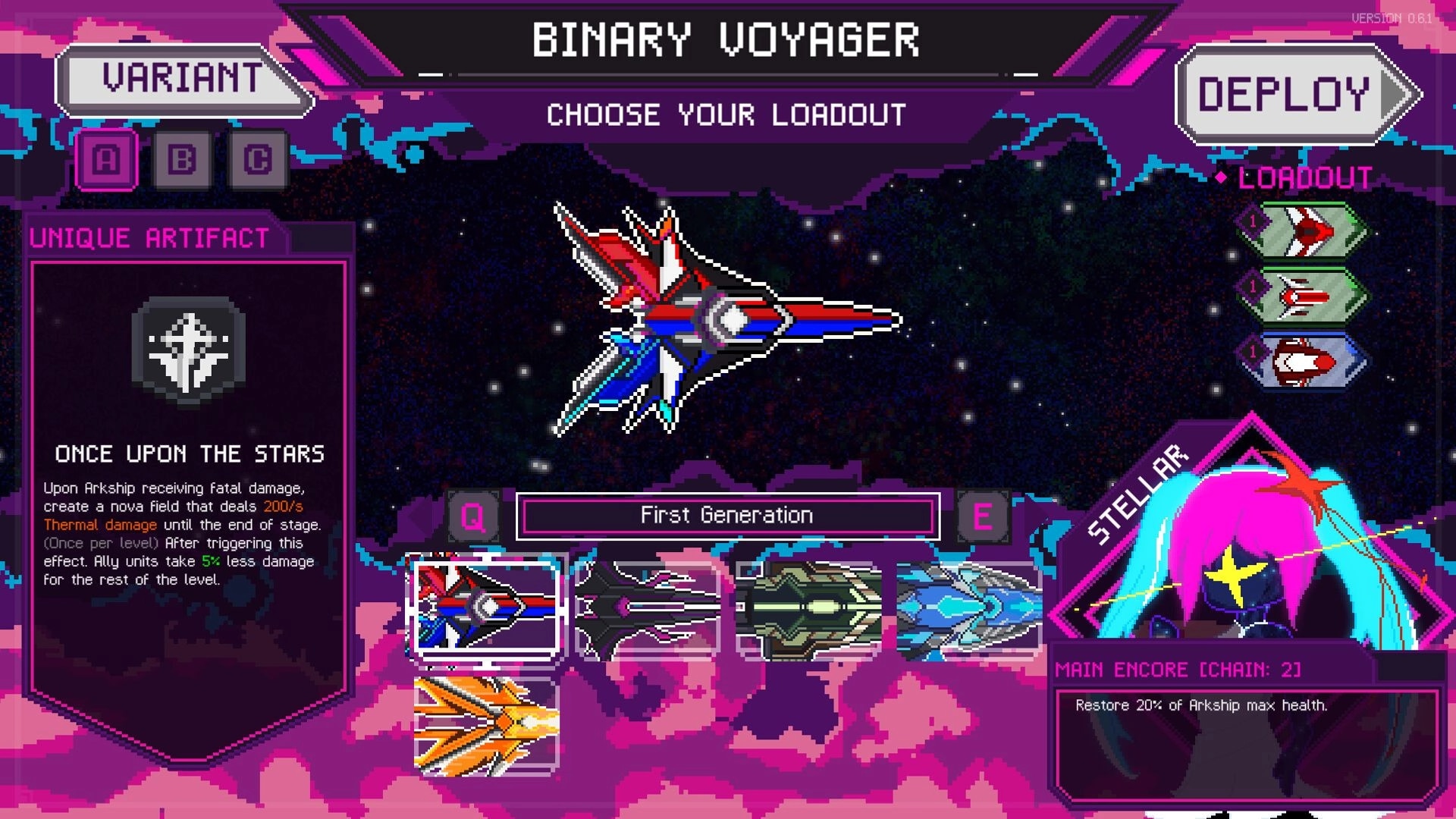 Ark Odyssey: Starship loadout selection with unique artifact details in cosmic space setting