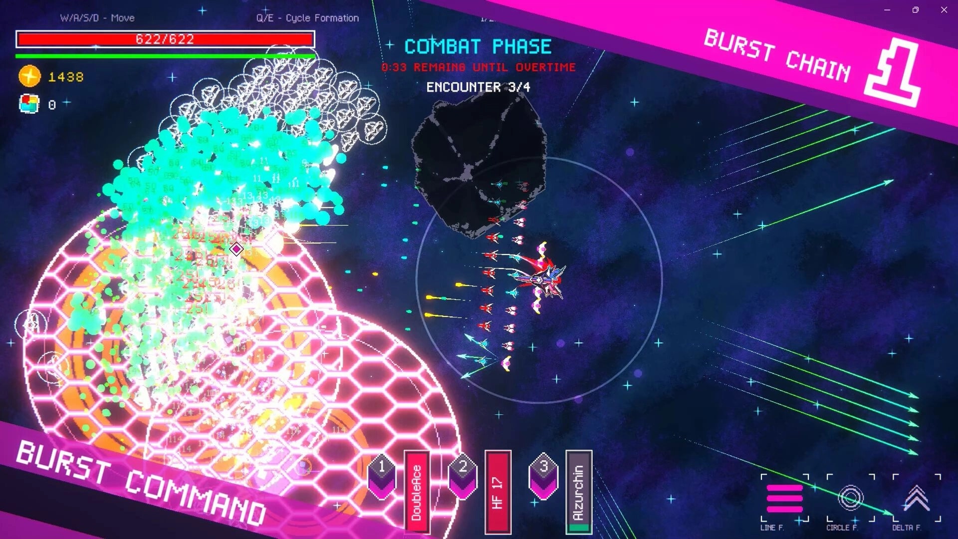 Ark Odyssey: Starfleet in combat phase with shield, bursting particles, and enemy formations in space.
