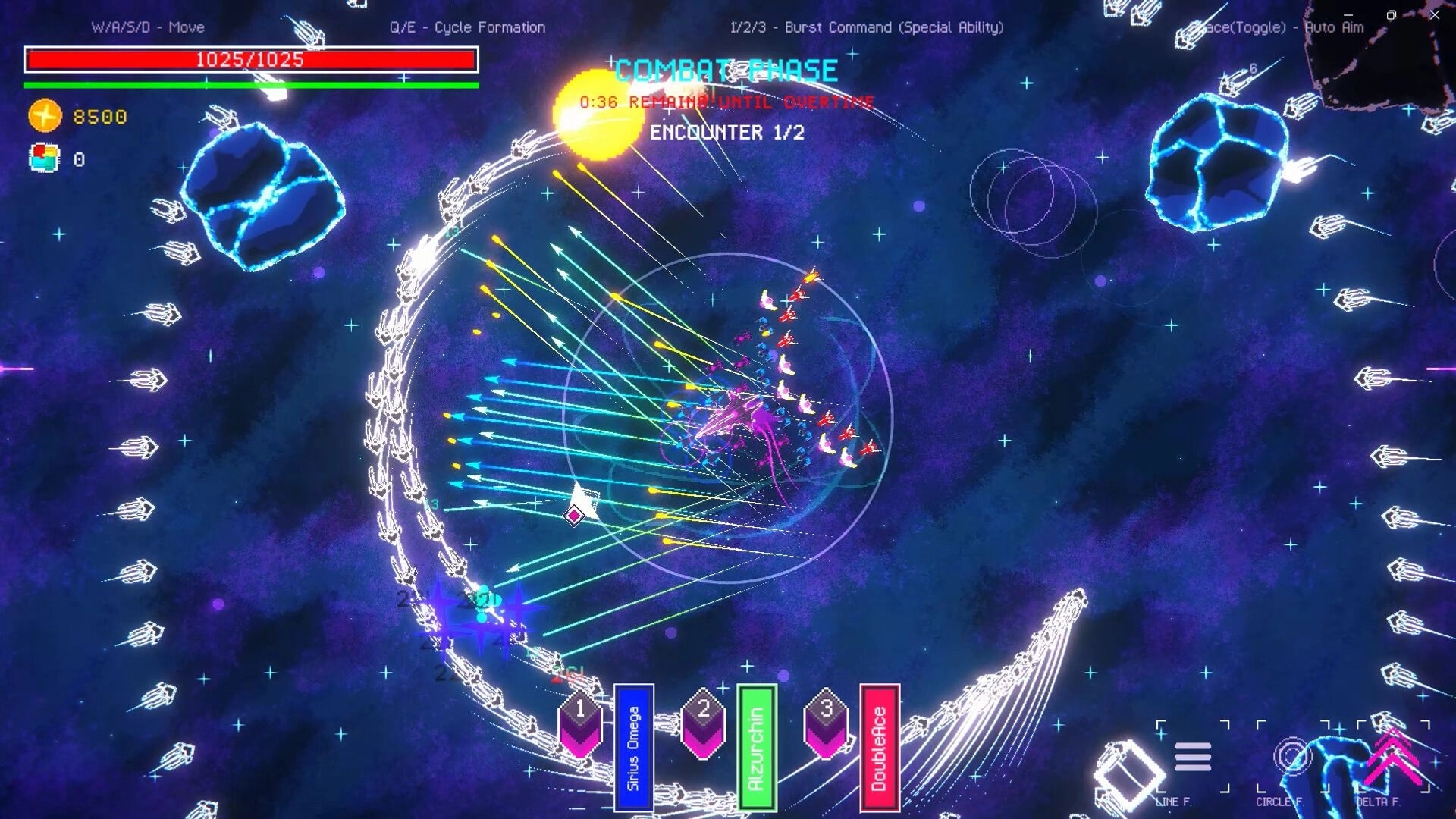 Ark Odyssey: Starship fleet in combat phase with enemy in cosmic space, displaying health and commands.