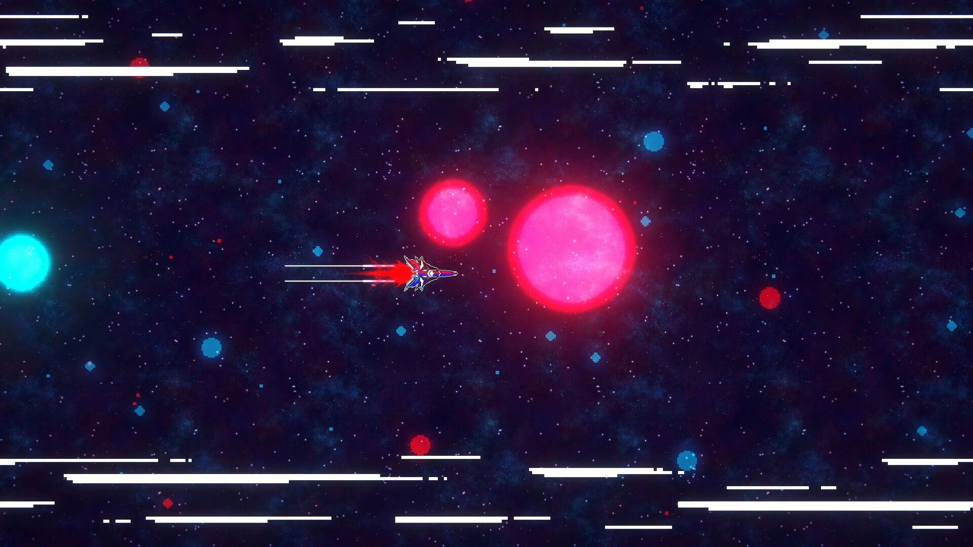 Ark Odyssey: Starship flying through vibrant space with glowing red and blue planets in the background