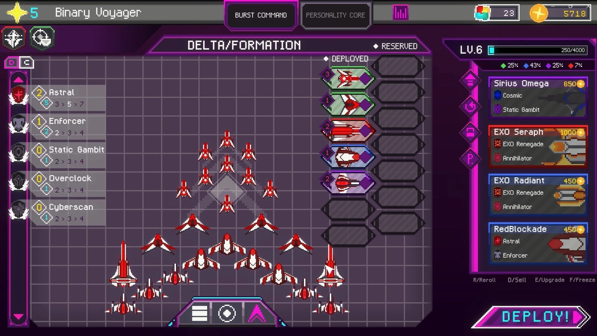 Ark Odyssey: Starship formation menu with fleet arrangement and unit details in a grid interface