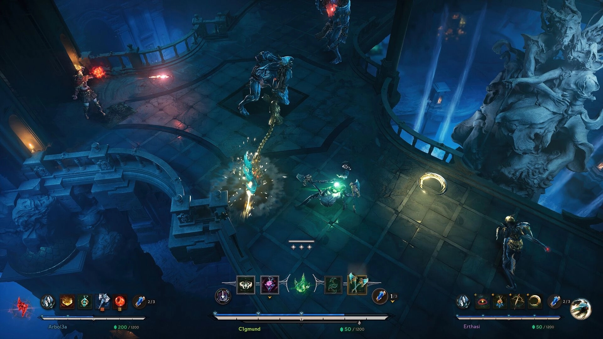 Arkheron: Three players battle armored enemies in a gothic arena with character stats below.