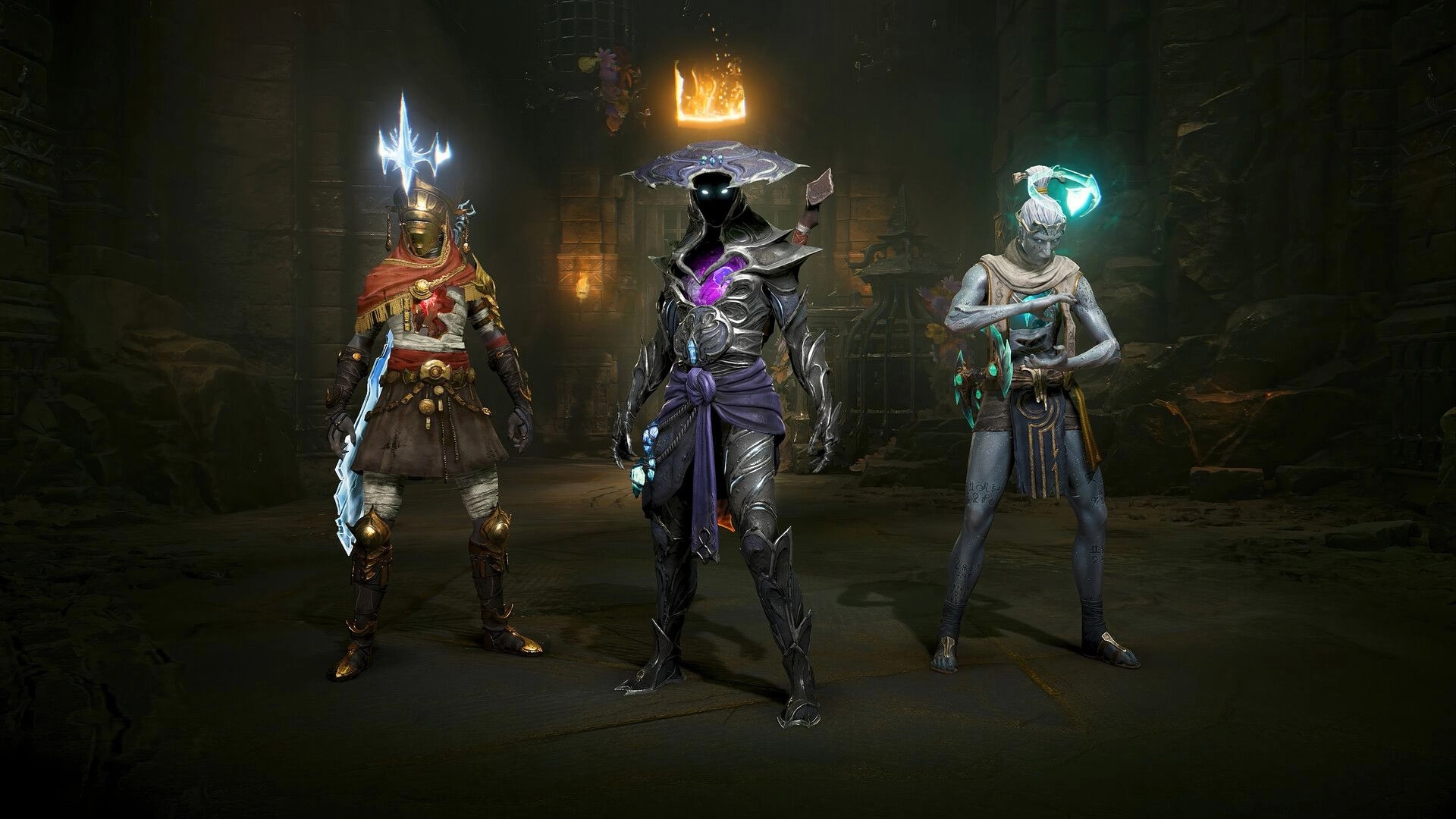 Arkheron: Three armored characters stand in a dimly lit dungeon, each with distinct glowing weapons.