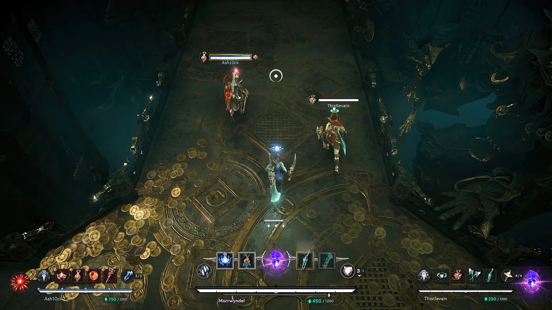 Arkheron: Three characters engage in battle on a coin-covered bridge in a dark, mystical dungeon.