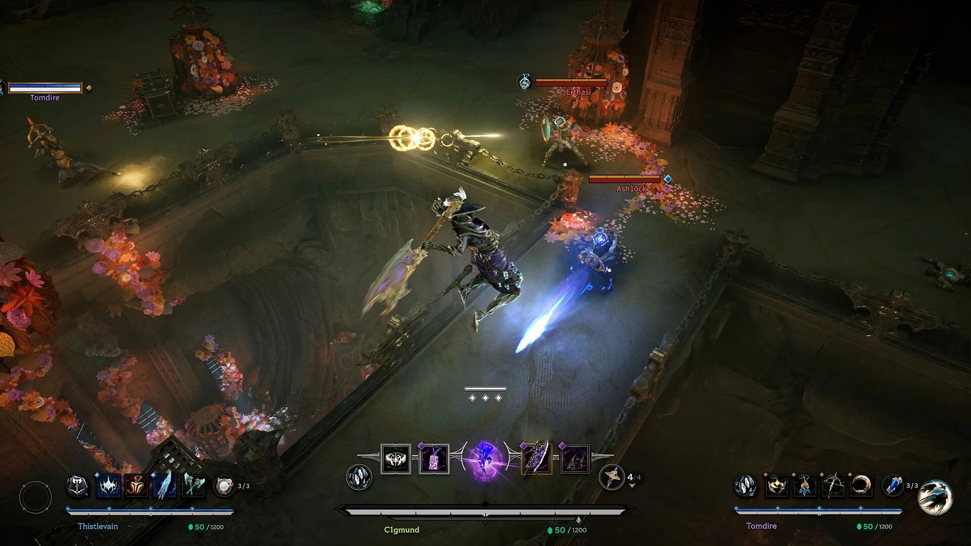 Arkheron: Aerial attack by C1gmund against Ethasi and Ashlock on a bridge in a dark, floral dungeon.