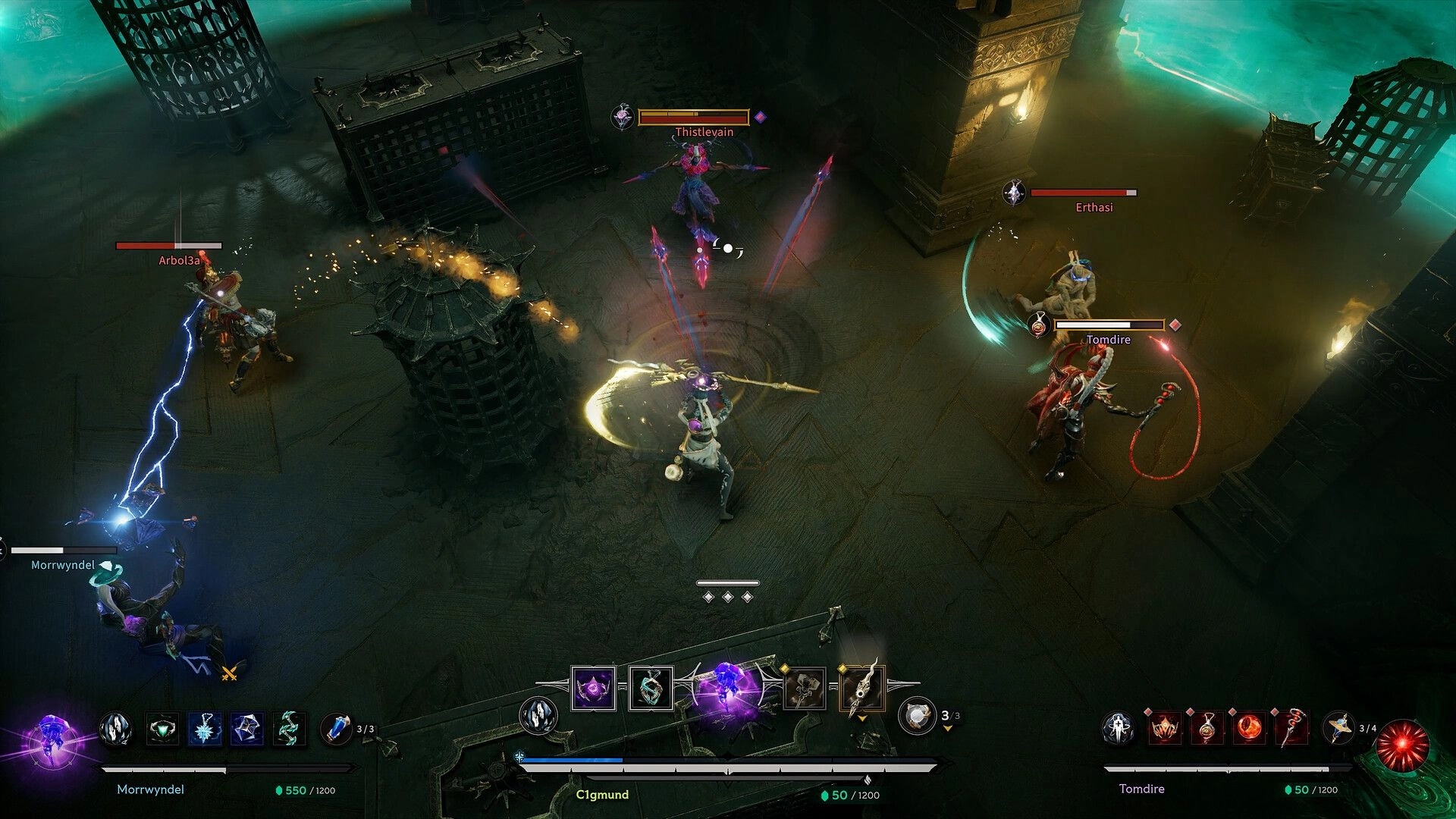 Arkheron: Intense PvP battle in a dungeon with characters Morrwyndel and Tomdire clashing with magic.