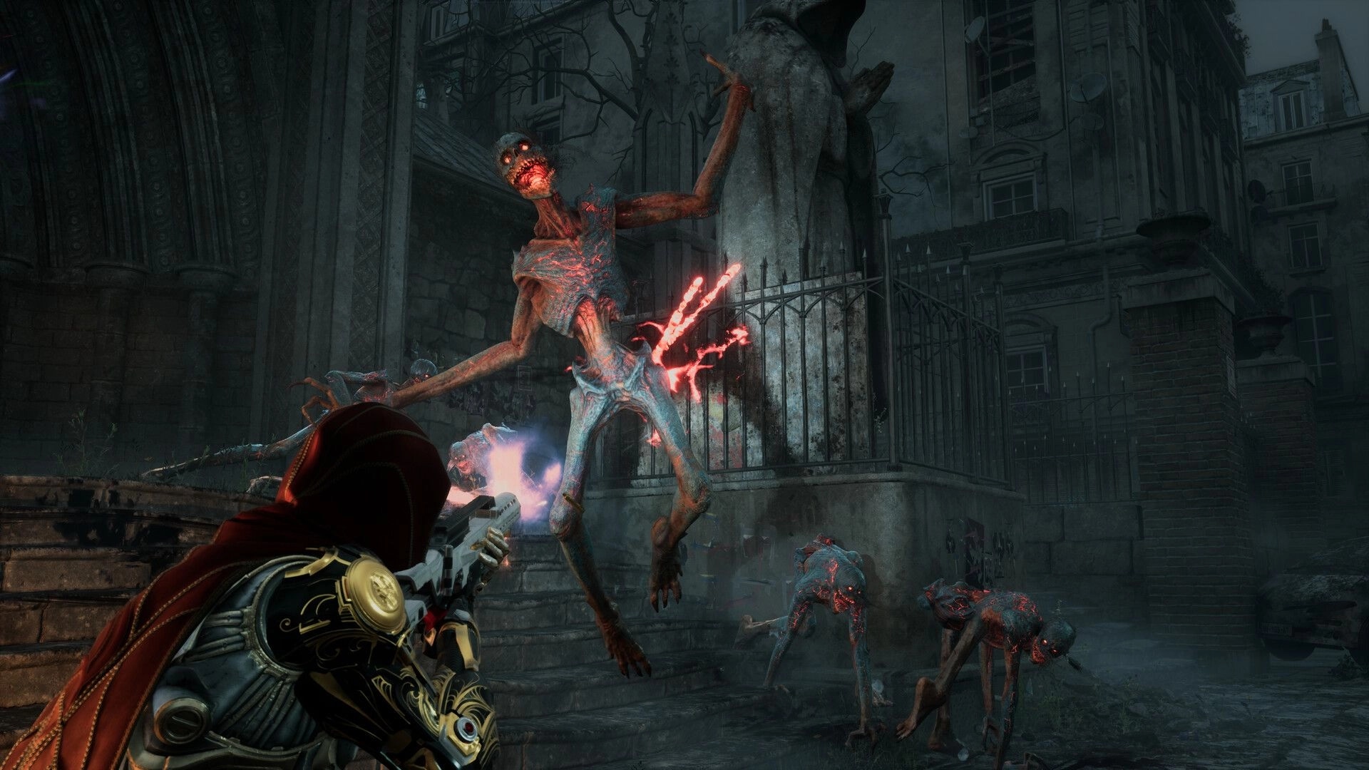 Armatus: Player fires rifle at a lunging demon as more creep in a ruined Paris courtyard at night.