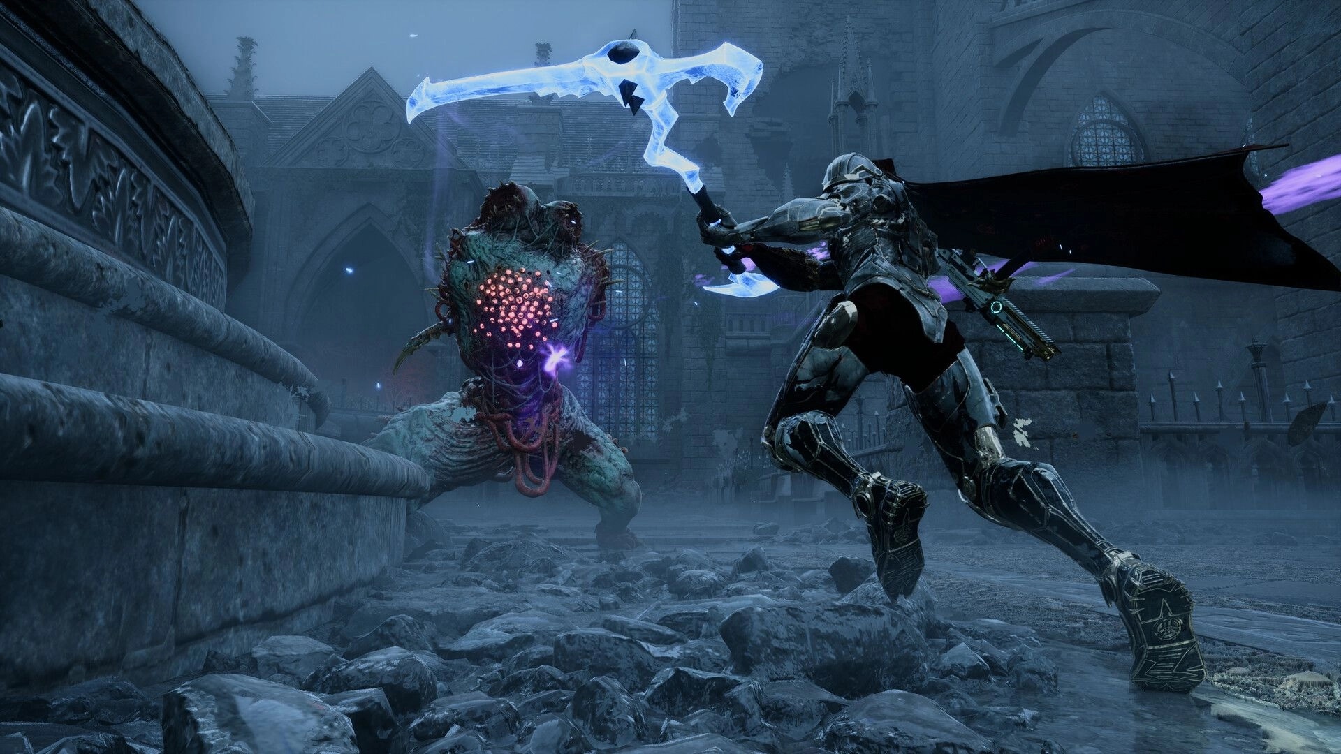 Armatus: Armored warrior swings a glowing ice axe at a mutant in a ruined cathedral courtyard at dusk.