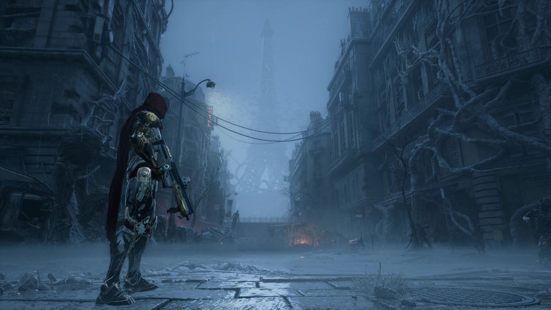 Armatus: Armored warrior holding a rifle in a foggy Paris street with ruined buildings and vines.