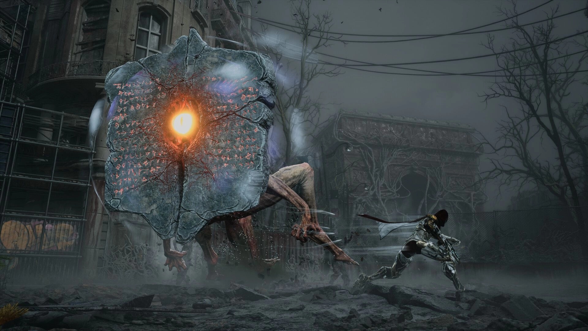 Armatus: Armored warrior aims rifle at giant one-eyed stone demon in foggy ruined Paris street.