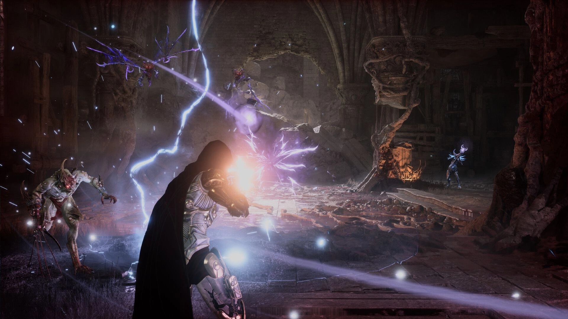 Armatus: Armored warrior fires amid purple lightning at demons in a ruined stone cathedral hall.