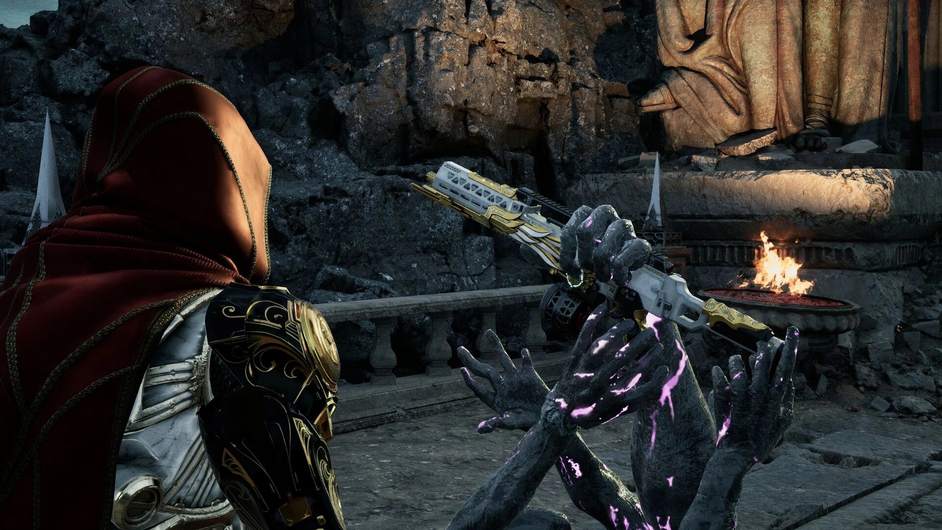 Armatus: Hooded warrior aims ornate rifle at a glowing demon amid ruined stone courtyard and statue.