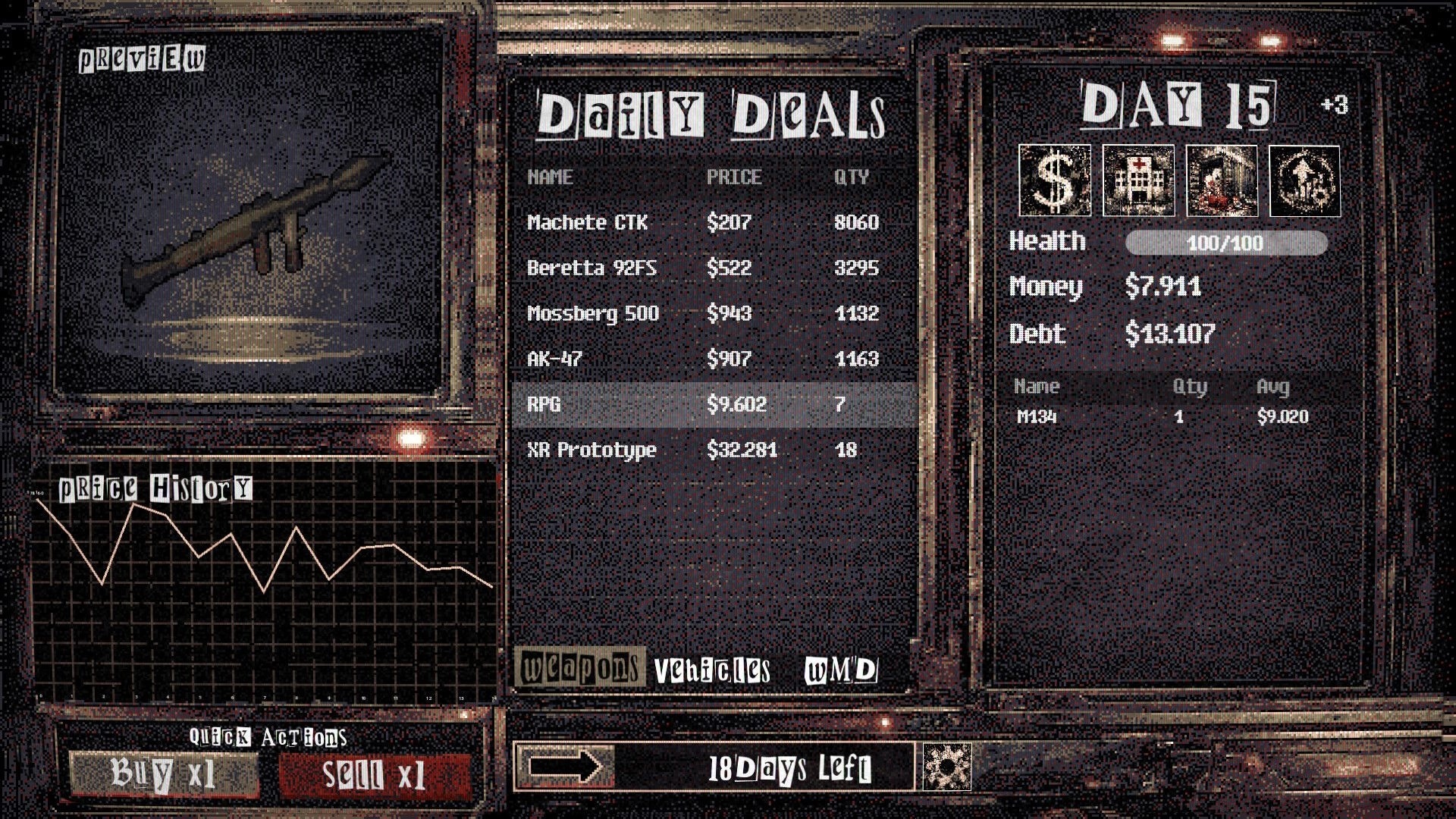 Arms Dealer: Daily Deals weapons list with RPG selected, Day 15 stats and money/debt panel UI.