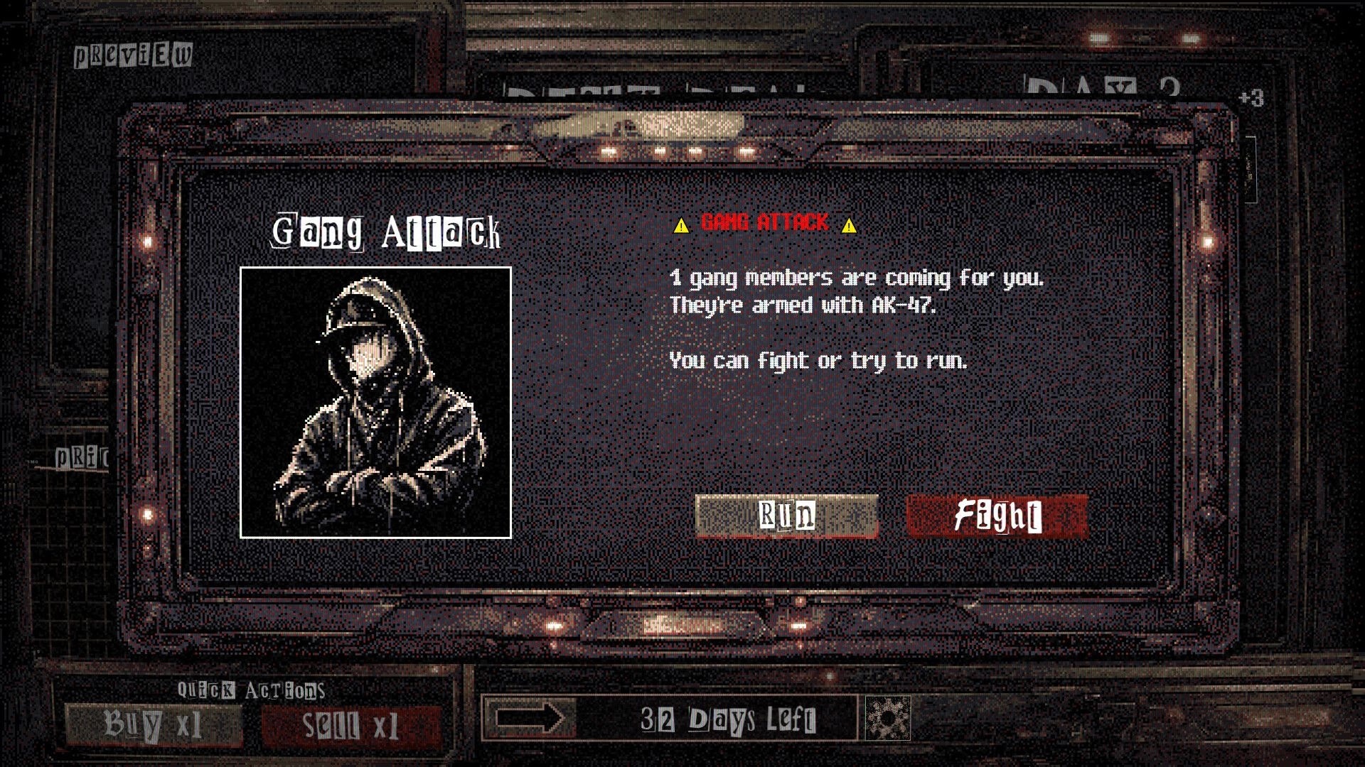 Arms Dealer: Gang Attack alert popup with hooded thug portrait, Run and Fight buttons on dark UI.