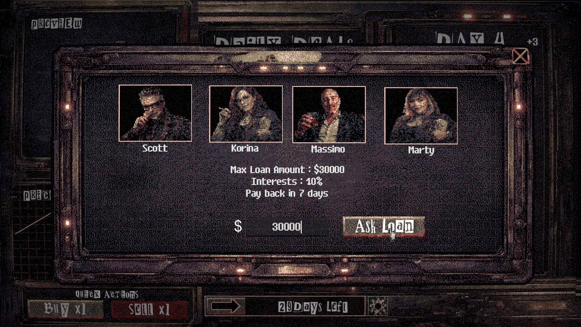 Arms Dealer: Loan request menu with Scott, Korina, Massimo, Marty portraits and Ask Loan button.