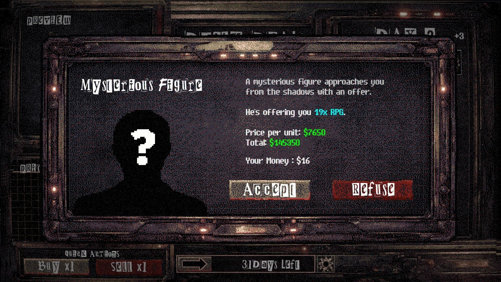 Arms Dealer: Mysterious Figure offer popup to buy 19 RPGs with Accept/Refuse buttons on screen.