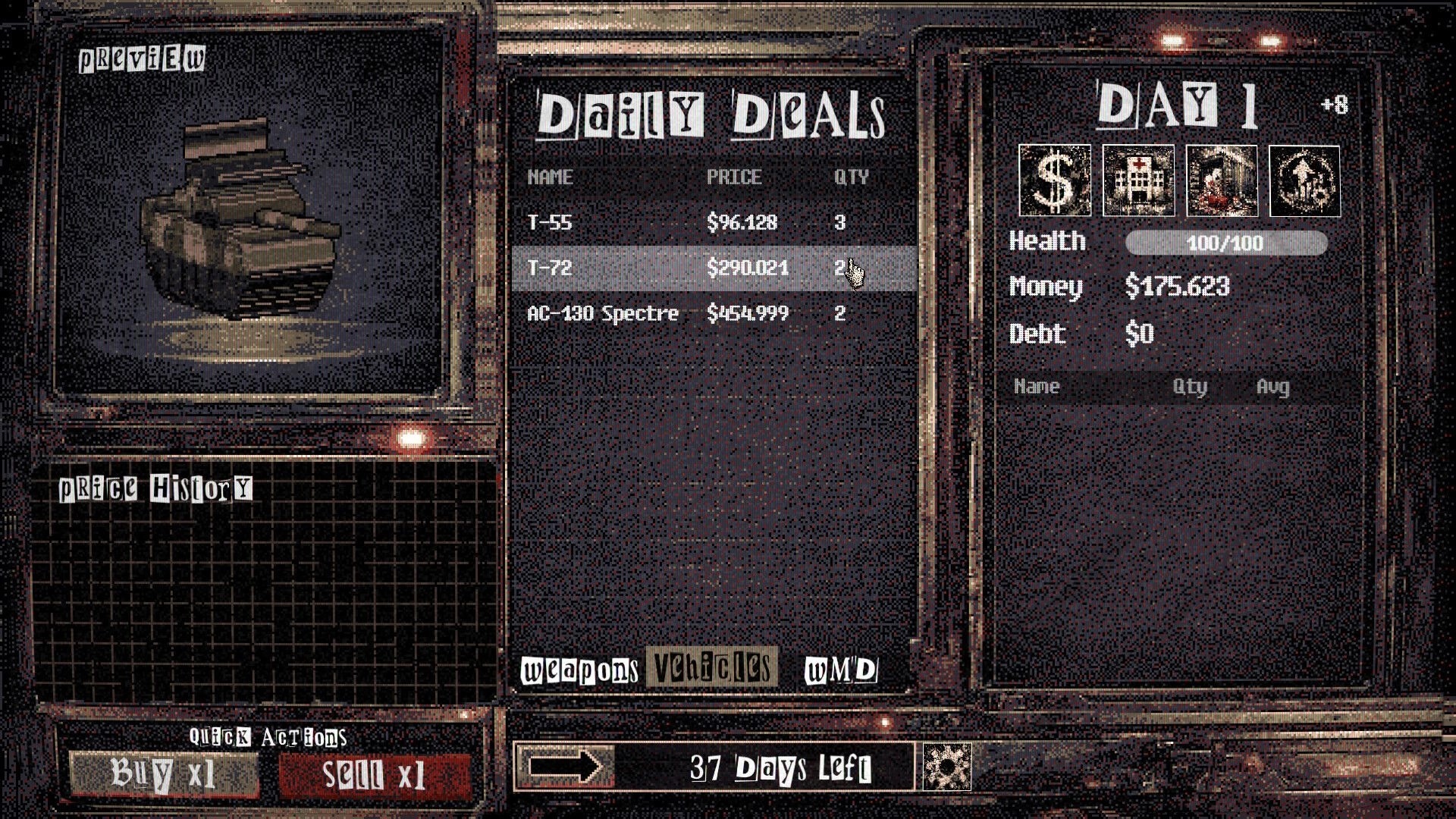 Arms Dealer: Daily Deals market screen listing tanks and weapons with Day 1 stats, money and buy/sell buttons.