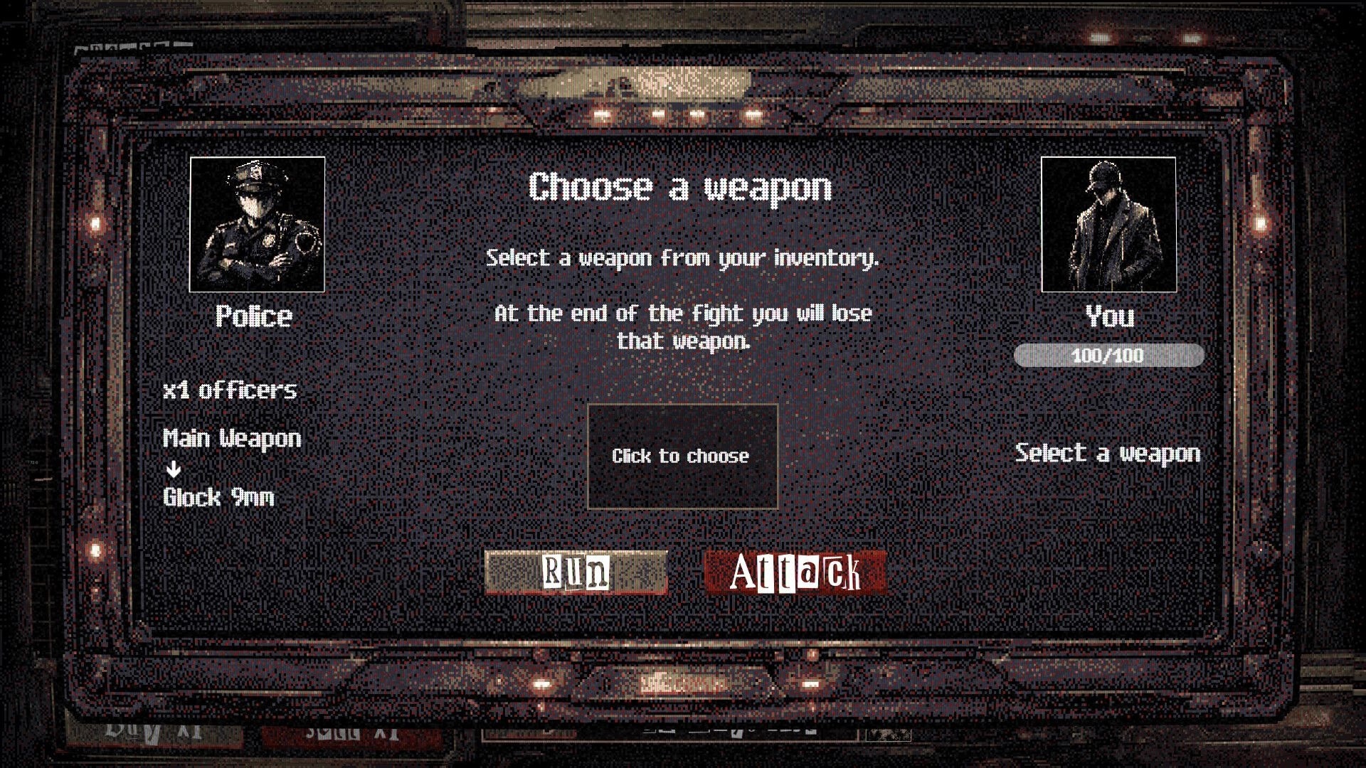 Arms Dealer: Weapon selection fight UI versus police, Glock 9mm listed, Run and Attack buttons visible.