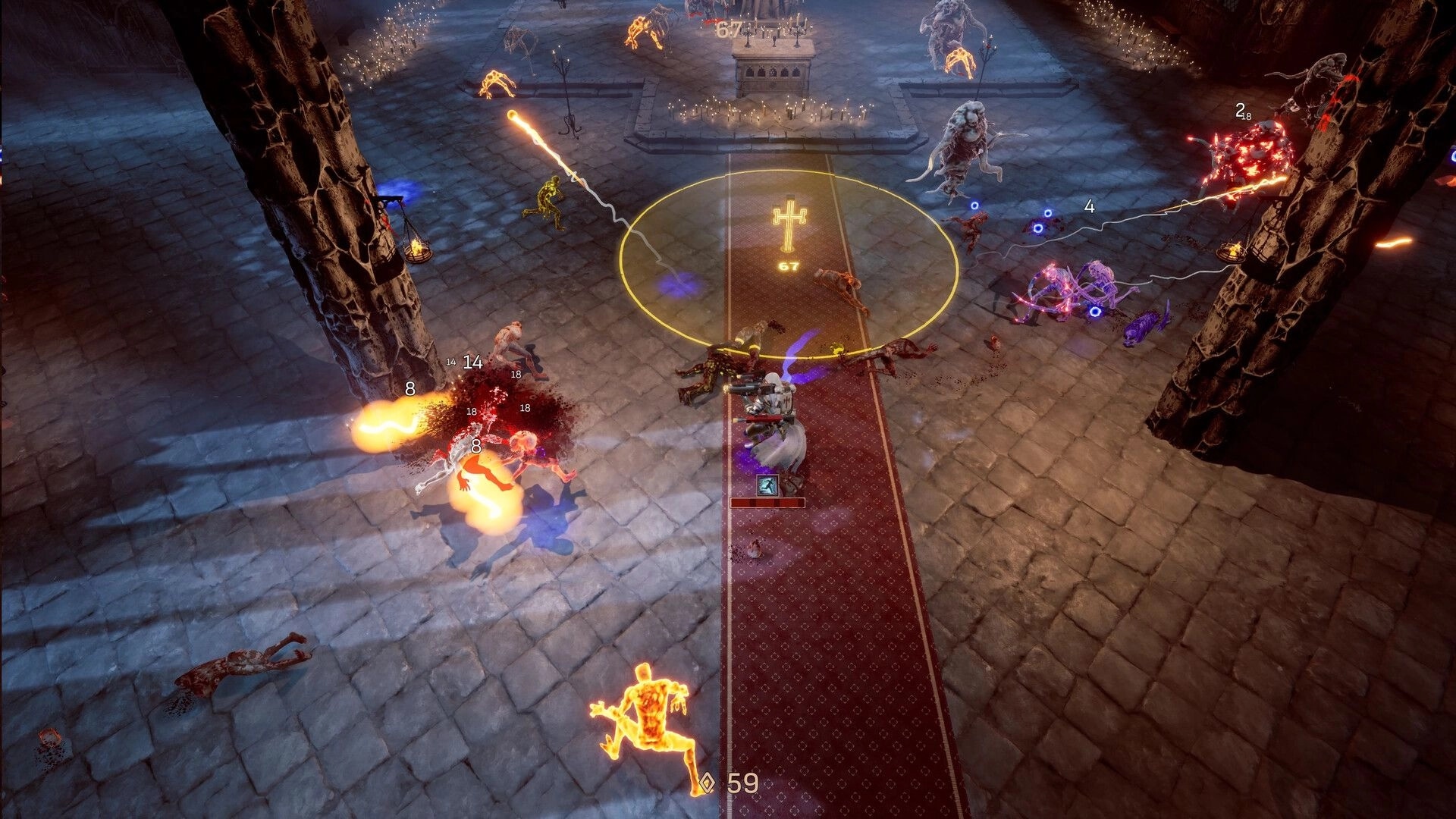 Arms of God: Intense battle with fiery enemies and explosions in a dark, dungeon-like arena setting