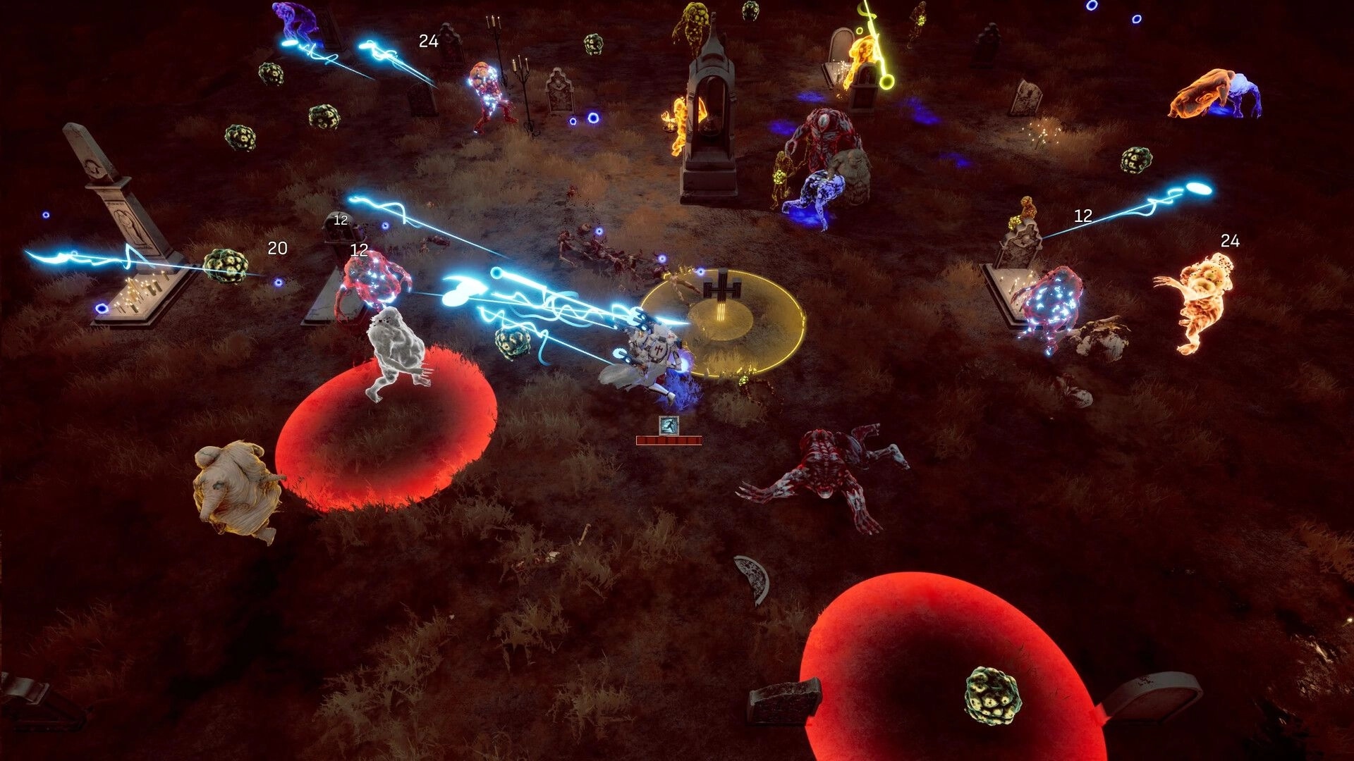 Arms of God: Intense combat with player using lightning attacks against enemies in a dark graveyard setting