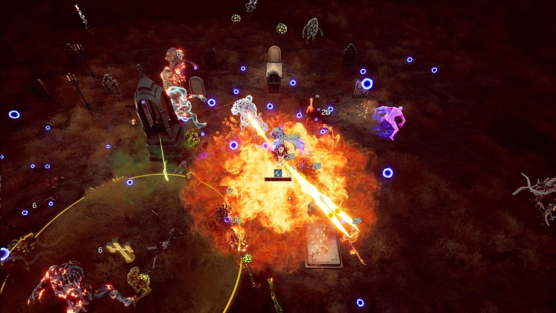 Arms of God: Intense combat in a graveyard with fiery explosion and numerous enemies surrounding player