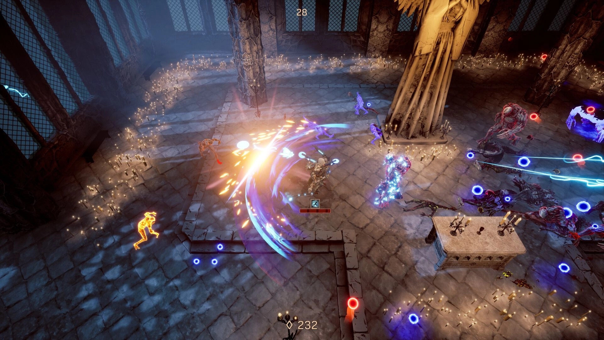 Arms of God: Intense top-down combat with multiple enemies in a dark cathedral filled with candles.