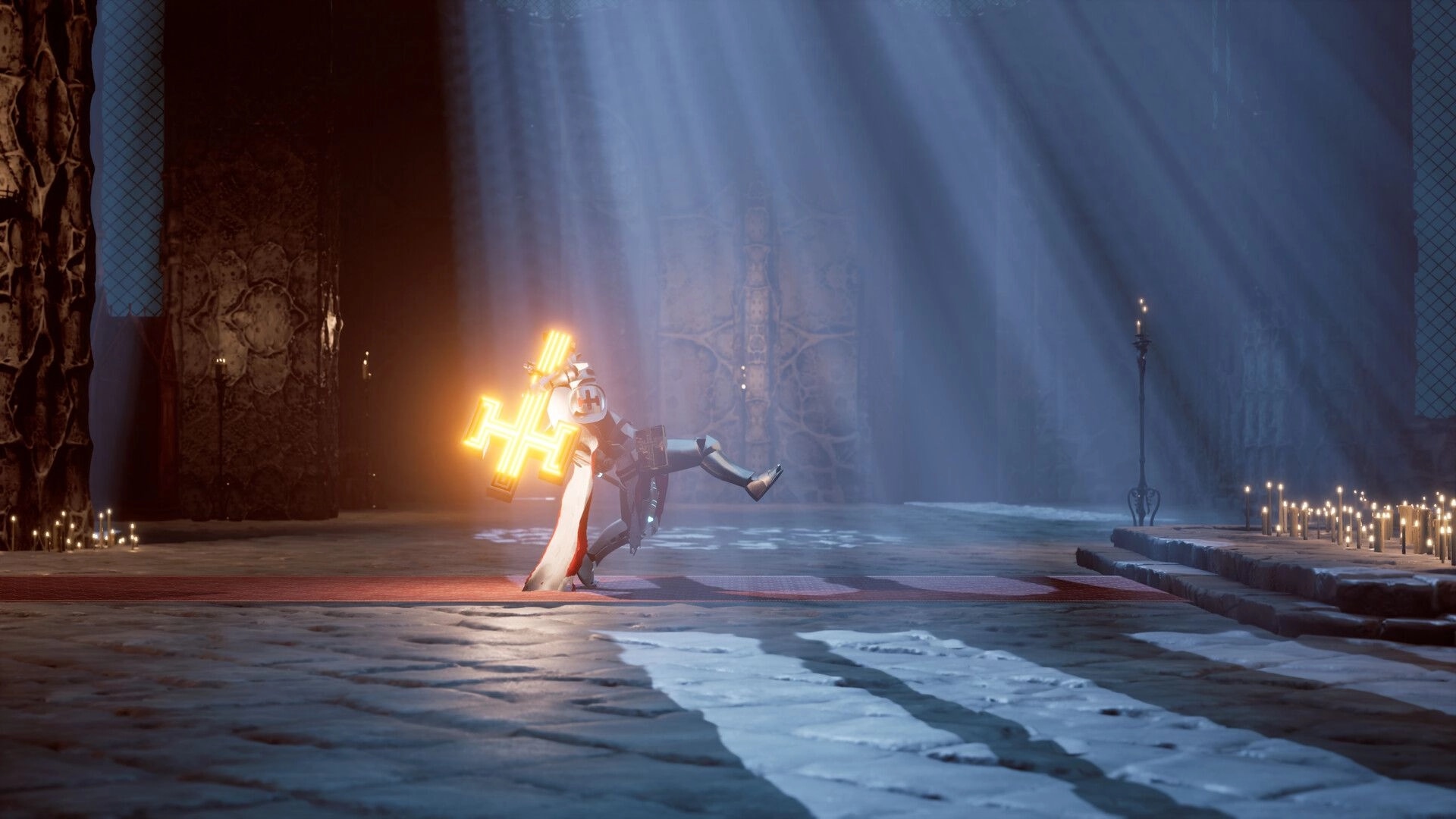 Arms of God: Knight wielding glowing sword in dimly lit cathedral with candles and stone floor.