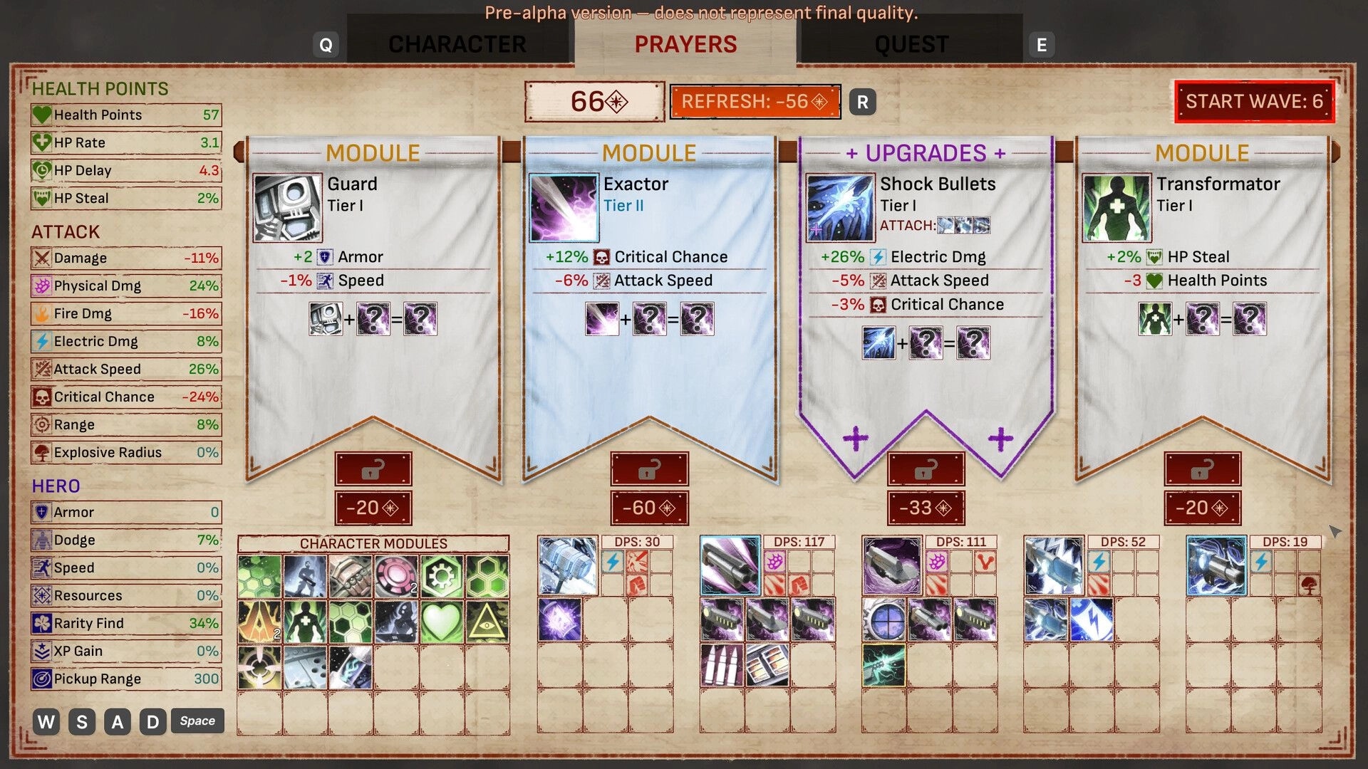 Arms of God: Inventory management screen with character modules, health stats, and upgrade options.