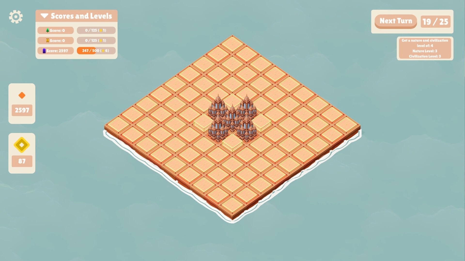 Around the Block: Centralized buildings on a grid with score and level indicators in a minimalist design