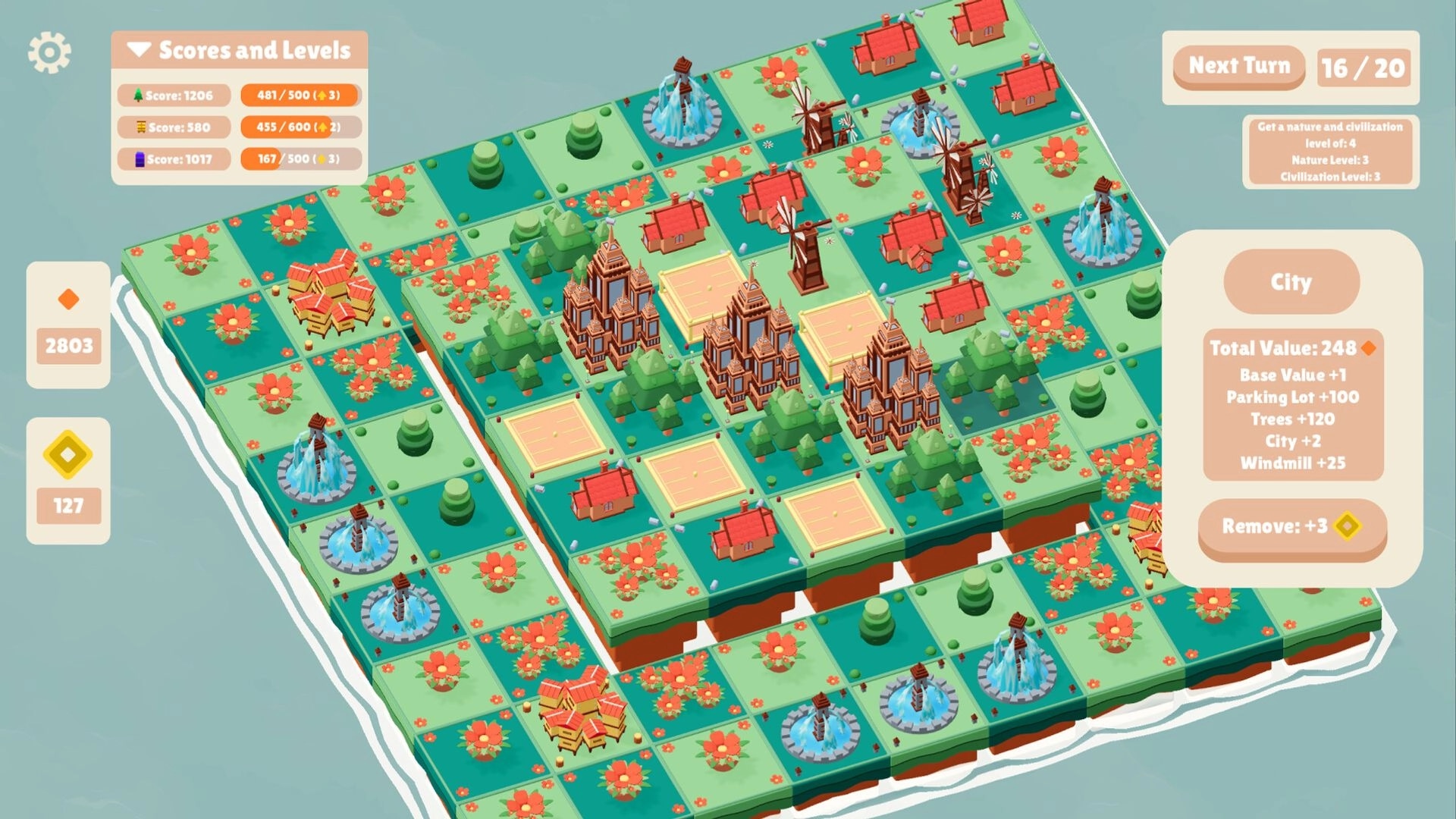 Around the Block: Overhead view of an island city with scores and levels displayed on the UI panels
