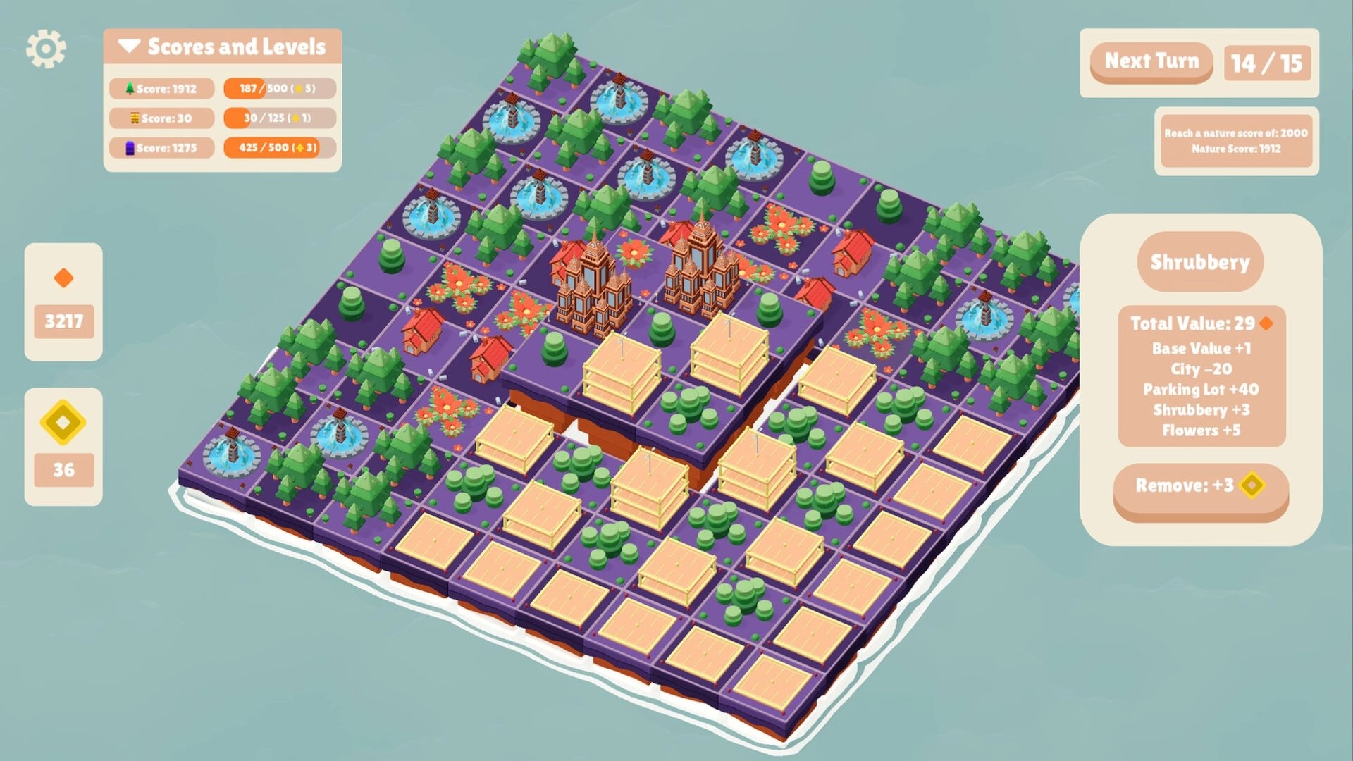 Around the Block: Strategic tile placement with score details in a colorful grid island setting